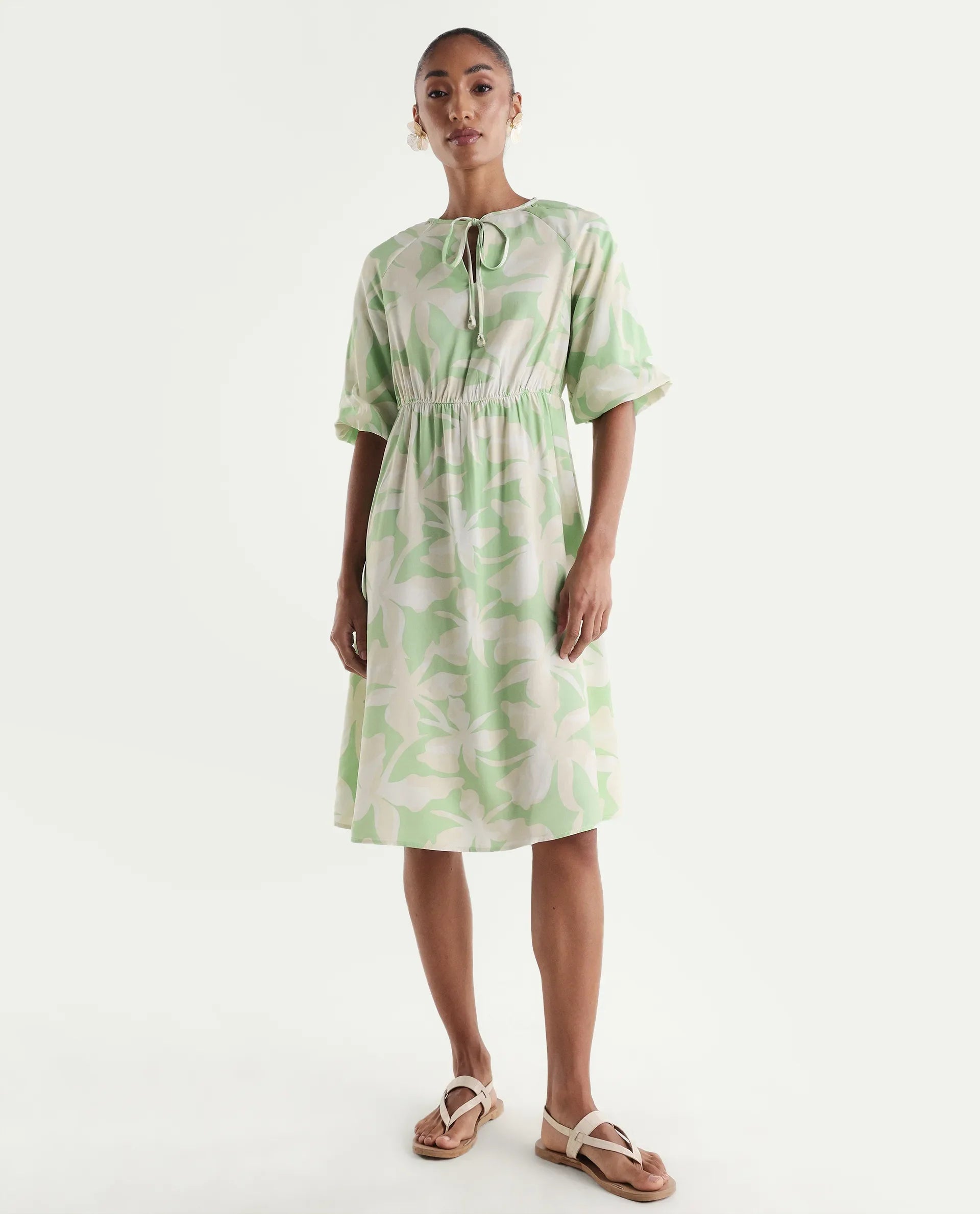 Rareism Women's Vemox Light Green Viscose Half Sleeve Tie-Up Neck Fit And Flare Abstract Print Dress