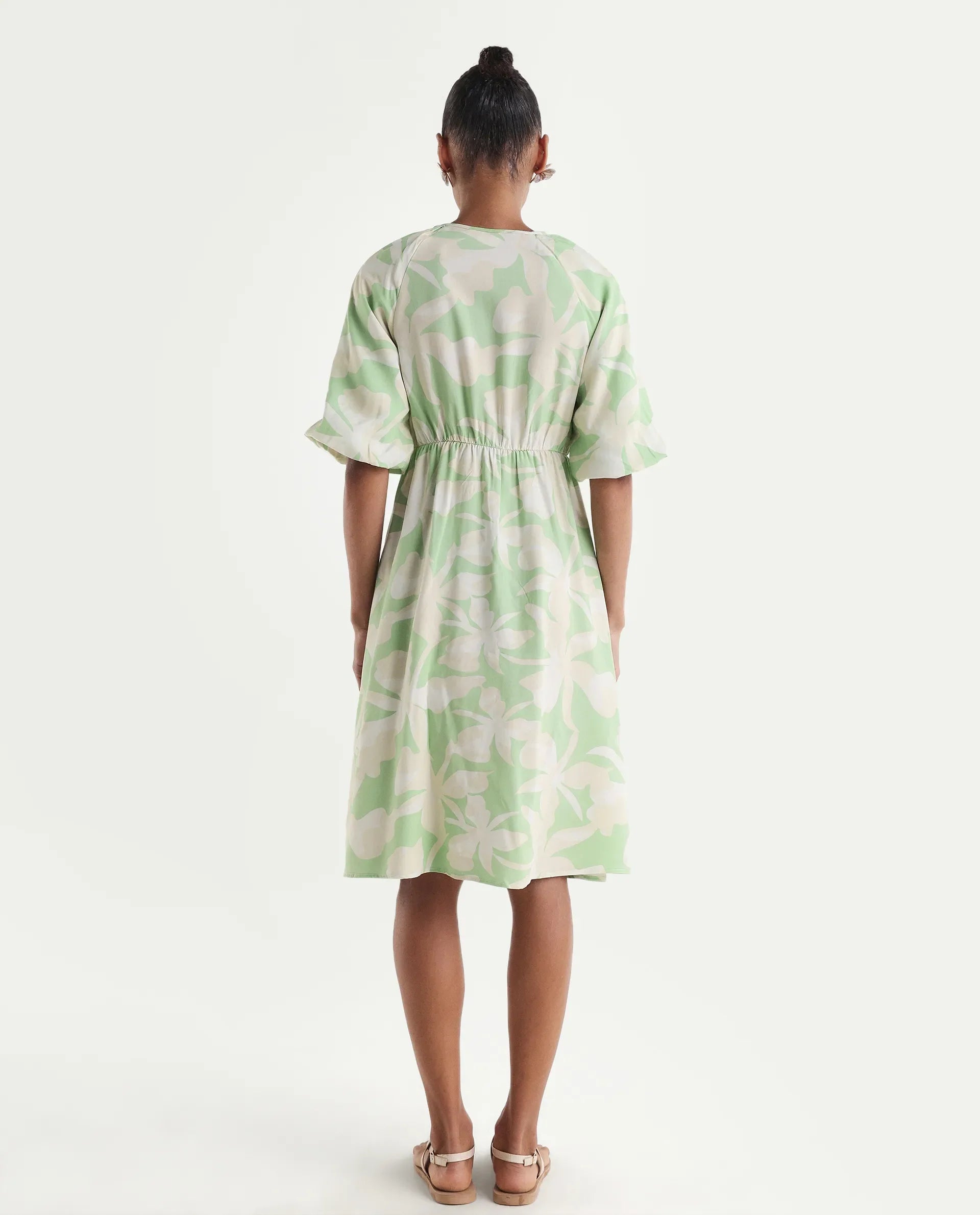 Rareism Women's Vemox Light Green Viscose Half Sleeve Tie-Up Neck Fit And Flare Abstract Print Dress