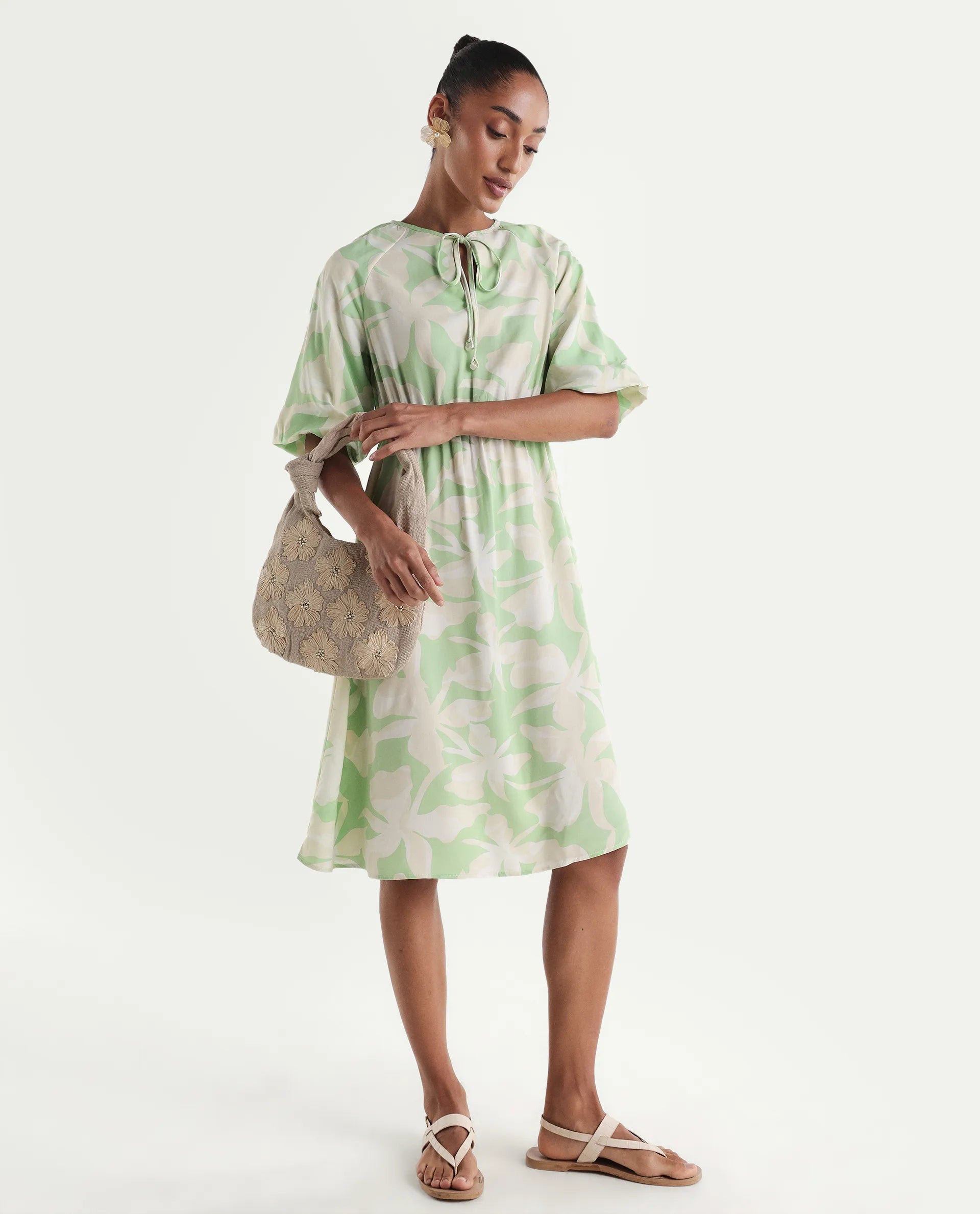 Rareism Women's Vemox Light Green Viscose Half Sleeve Tie-Up Neck Fit And Flare Abstract Print Dress