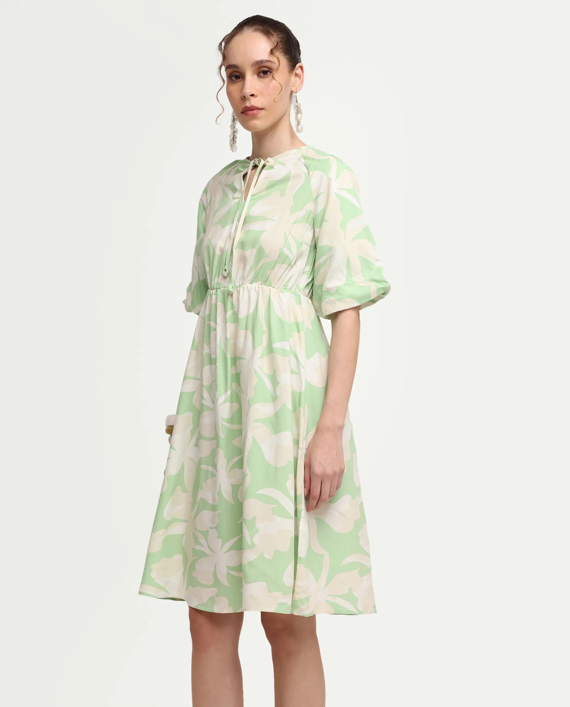 Rareism Women's Vemox Light Green Viscose Half Sleeve Tie-Up Neck Fit And Flare Abstract Print Dress