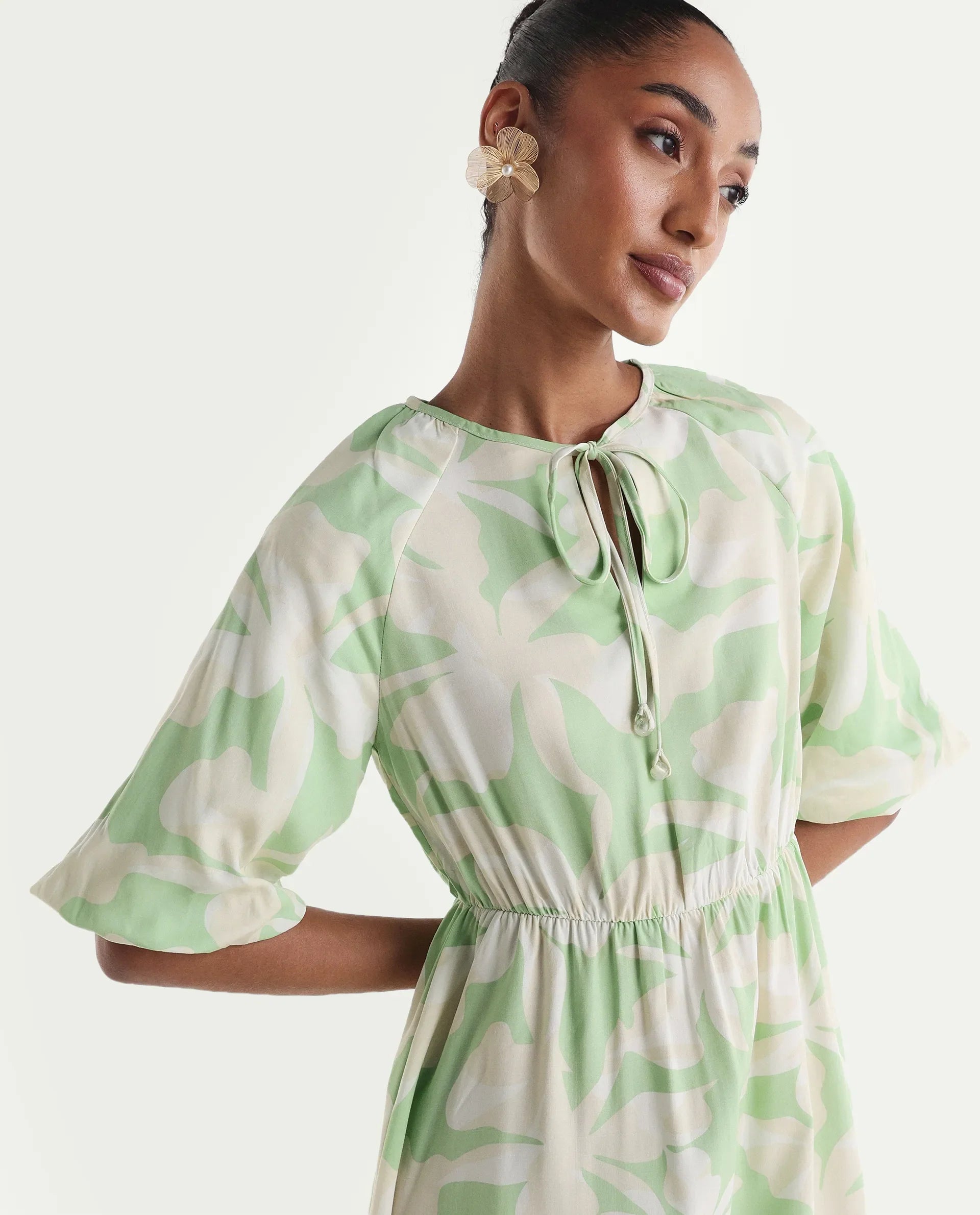 Rareism Women's Vemox Light Green Viscose Half Sleeve Tie-Up Neck Fit And Flare Abstract Print Dress