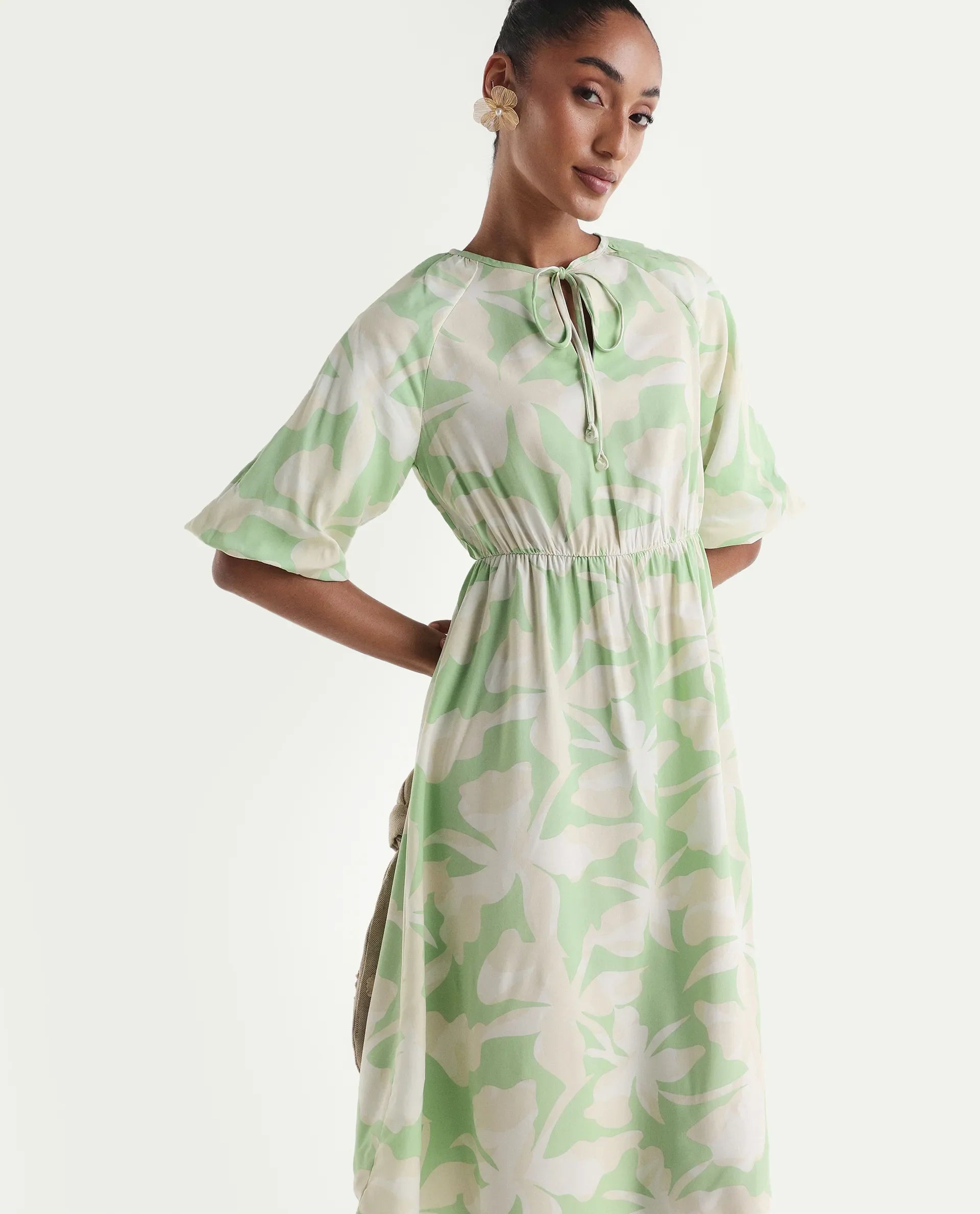 Rareism Women's Vemox Light Green Viscose Half Sleeve Tie-Up Neck Fit And Flare Abstract Print Dress