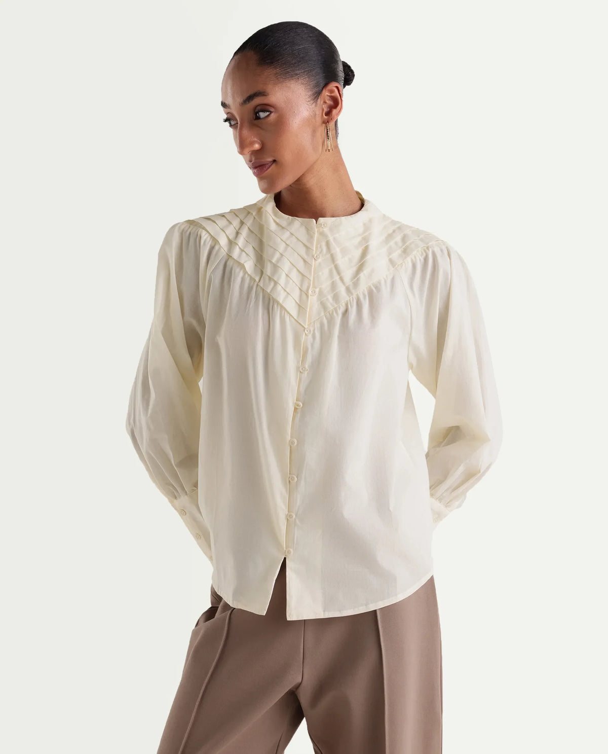 Rareism Women's Hilm Primary Beige Cotton Full Sleeve Crew Neck Regular Fit Top