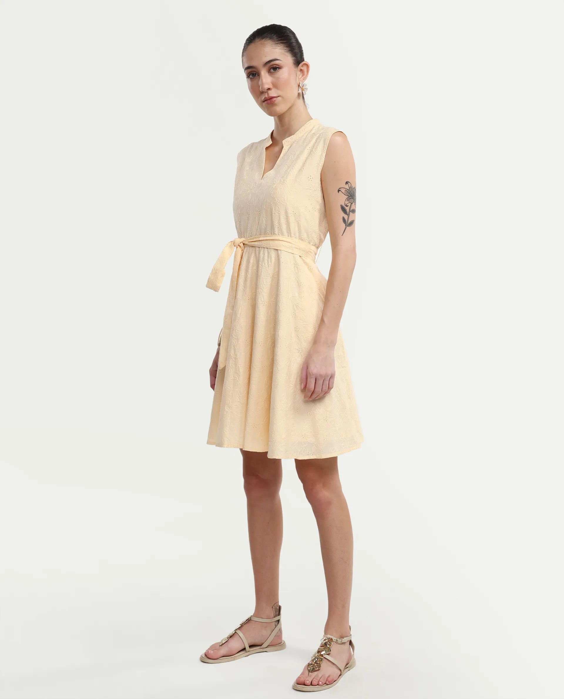 Rareism Women's Rumi Pastel Yellow Cotton Sleeveless Band Collar Regular Fit Plain Dress