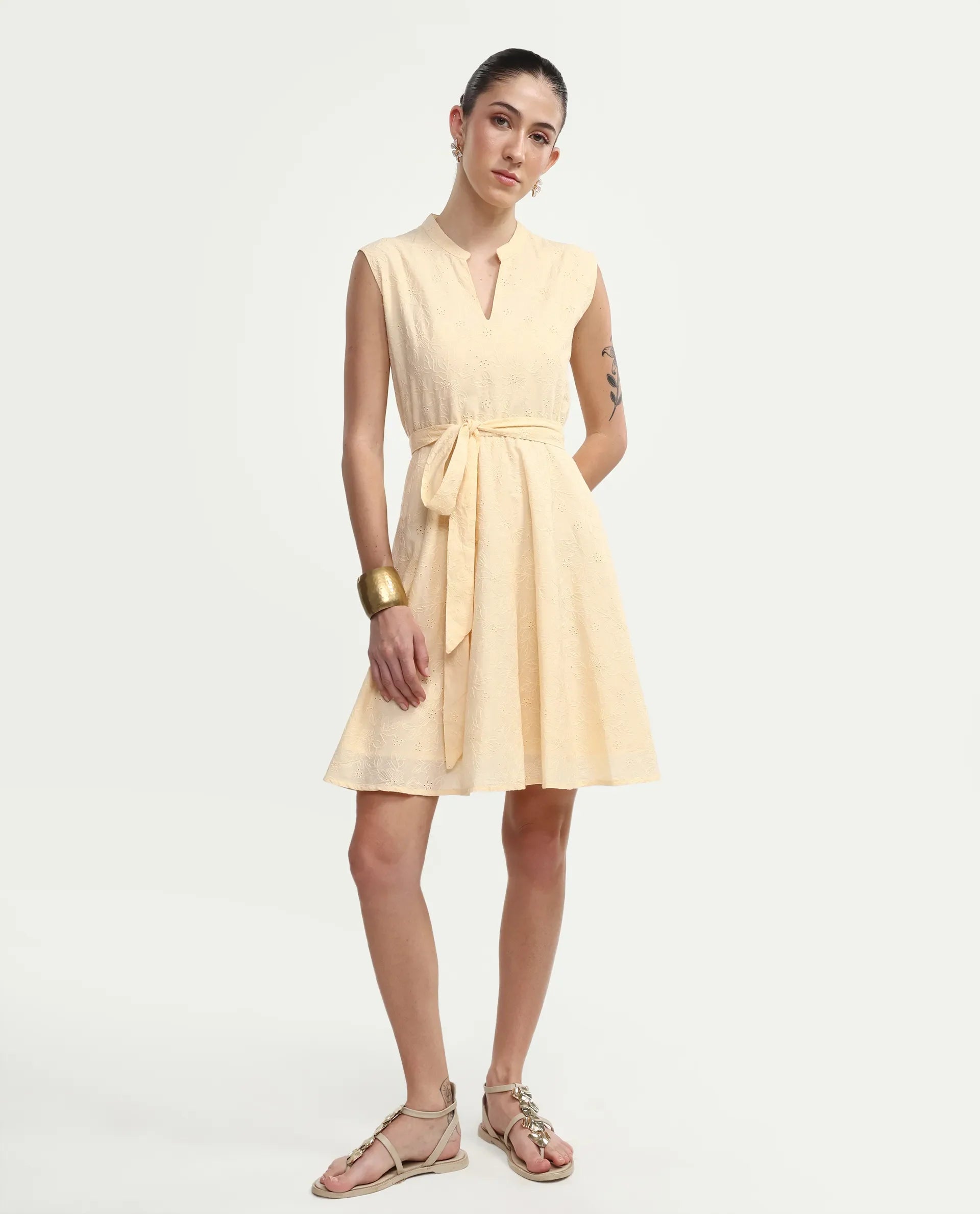 Rareism Women's Rumi Pastel Yellow Cotton Sleeveless Band Collar Regular Fit Plain Dress