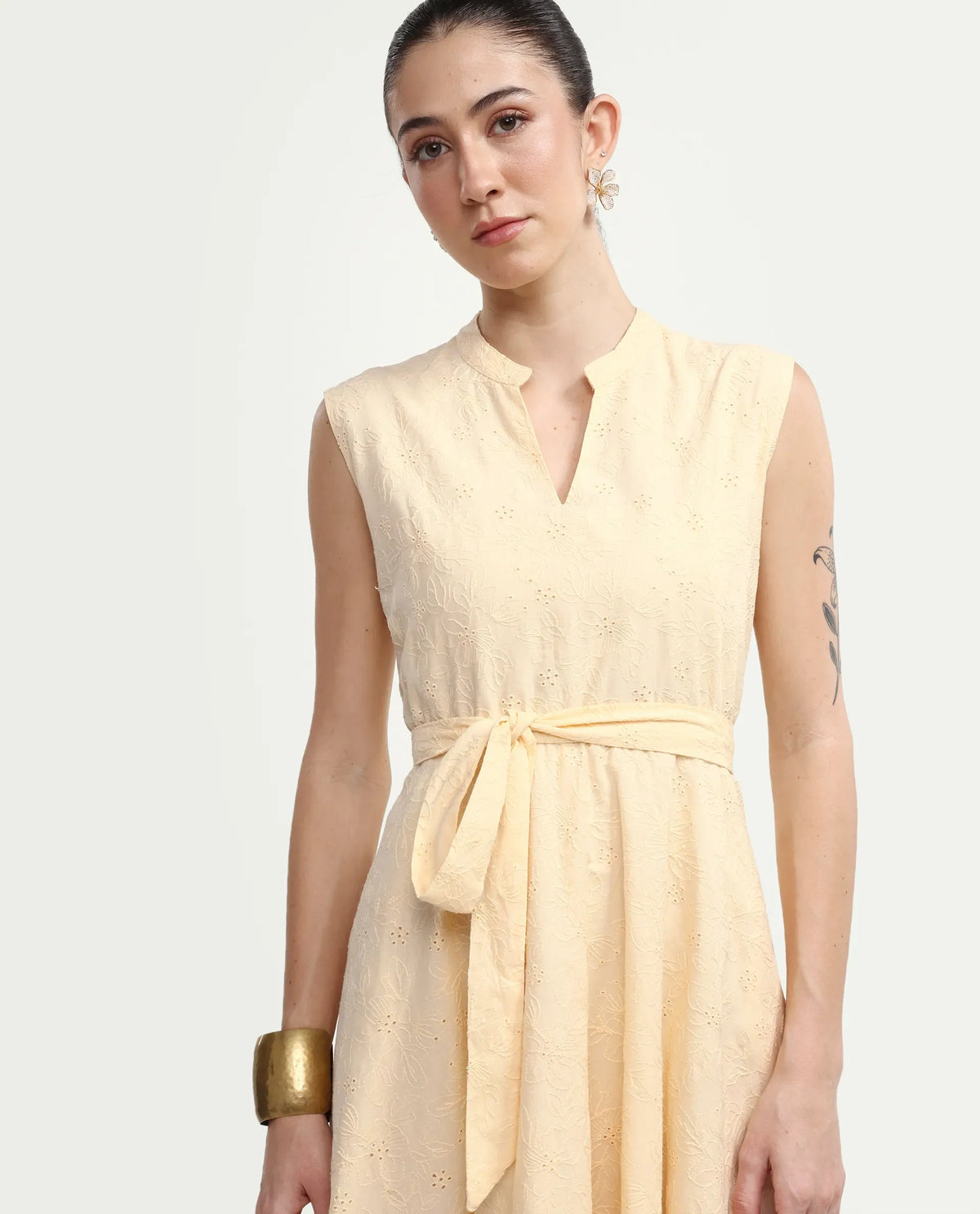Rareism Women's Rumi Pastel Yellow Cotton Sleeveless Band Collar Regular Fit Plain Dress