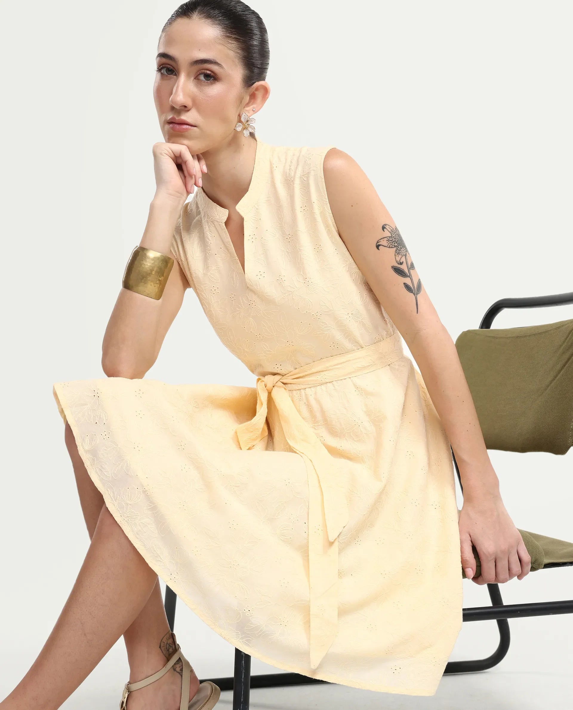 Rareism Women's Rumi Pastel Yellow Cotton Sleeveless Band Collar Regular Fit Plain Dress