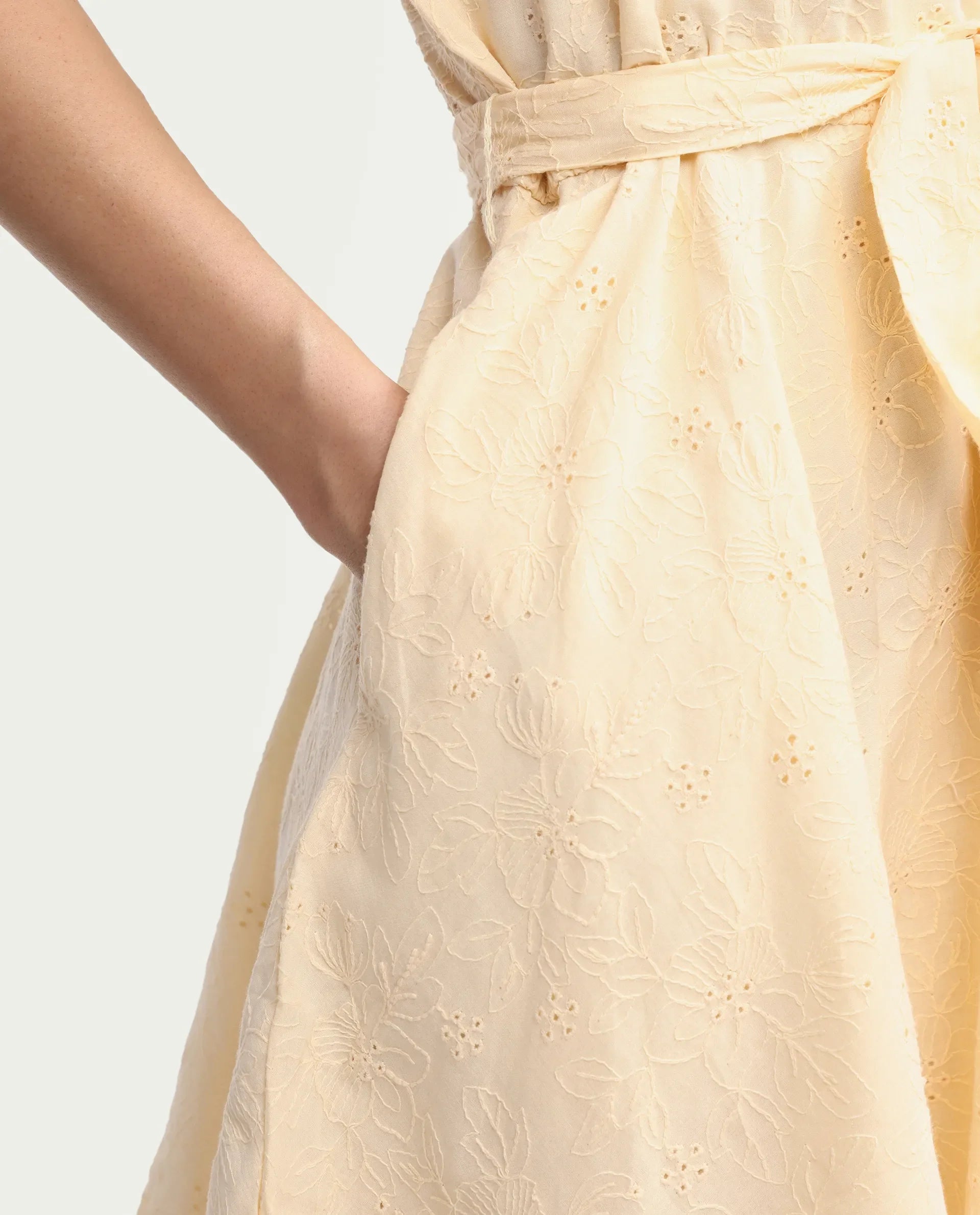 Rareism Women's Rumi Pastel Yellow Cotton Sleeveless Band Collar Regular Fit Plain Dress