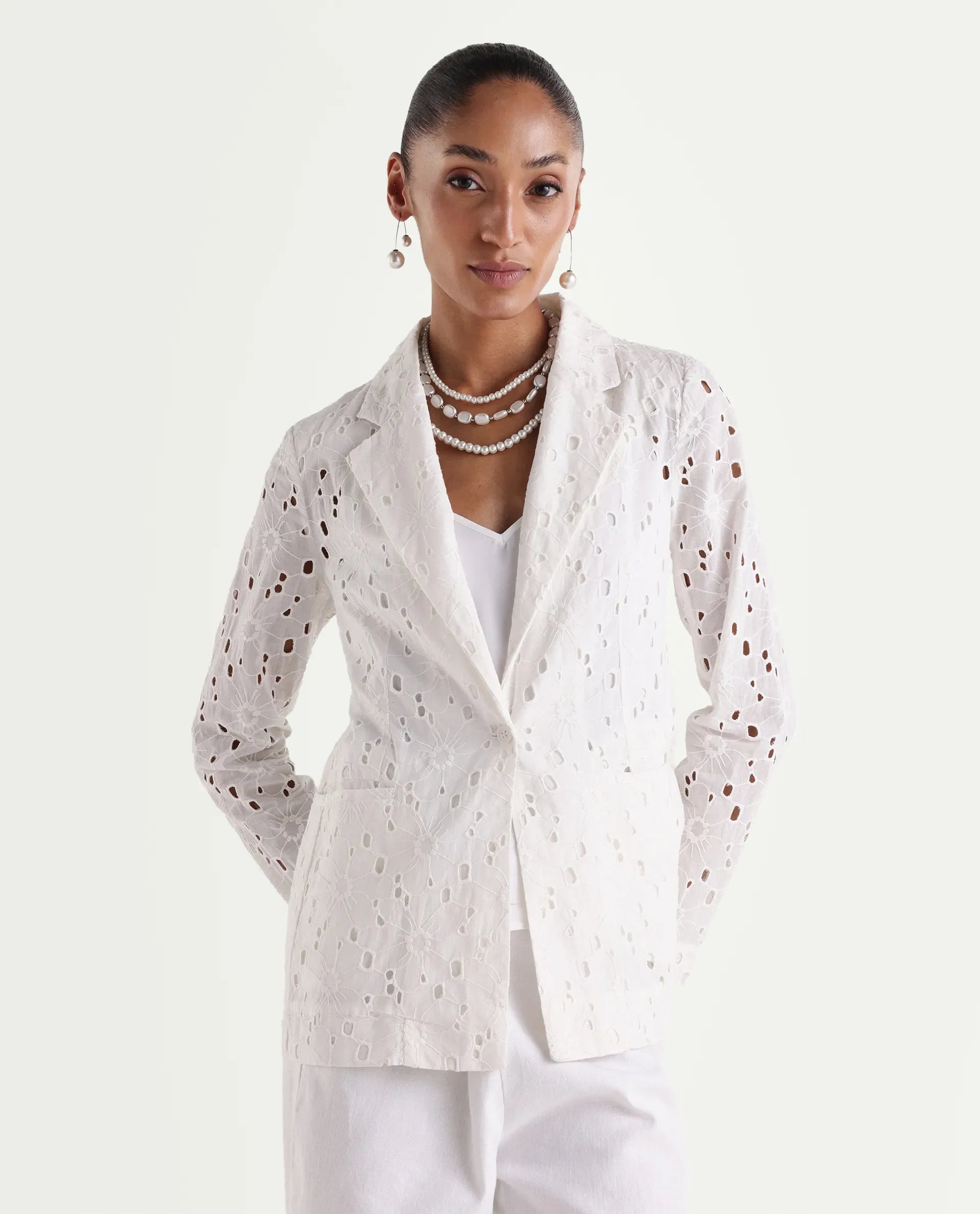 Rareism Women's Rumon Primary White Full Sleeve Lapel Neck Regular Fit Blazer