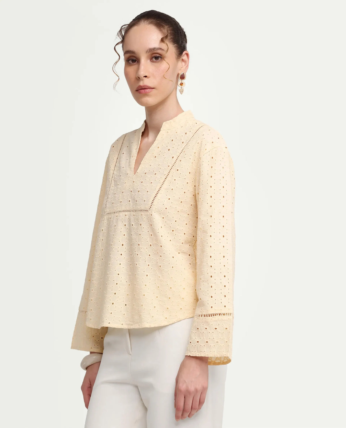 Rareism Women's Ruch Pastel Yellow Cotton Full Sleeve Band Collar Regular Fit Top