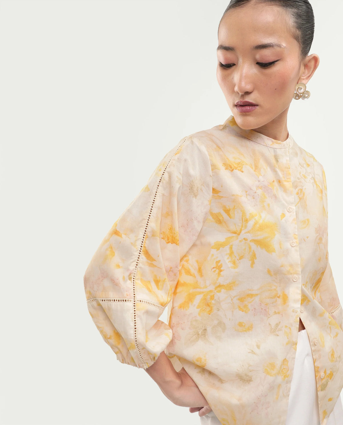 Rareism Women's Runes Yellow Cotton Band Collar Regular Floral Print Top