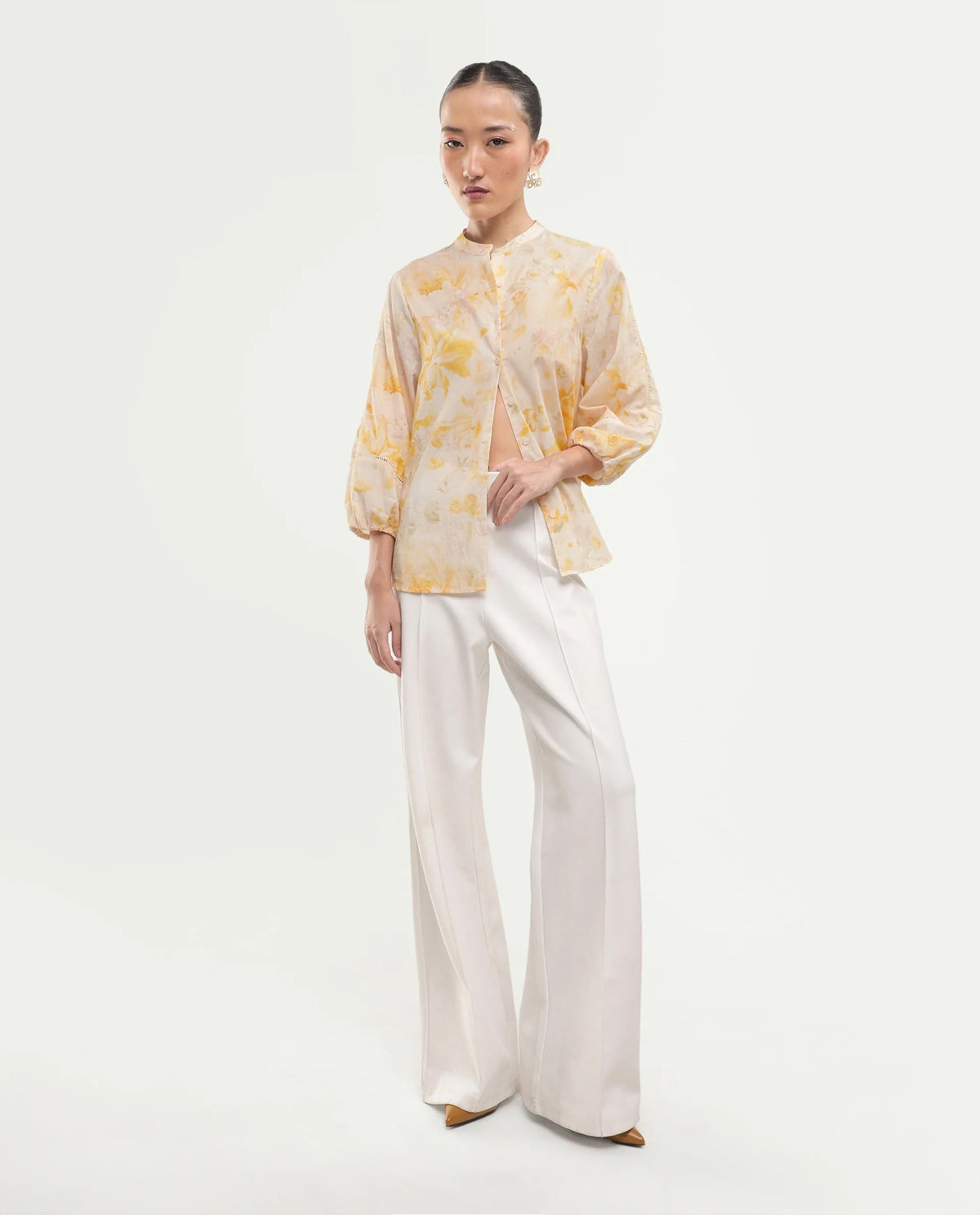 Rareism Women's Runes Yellow Cotton Band Collar Regular Floral Print Top