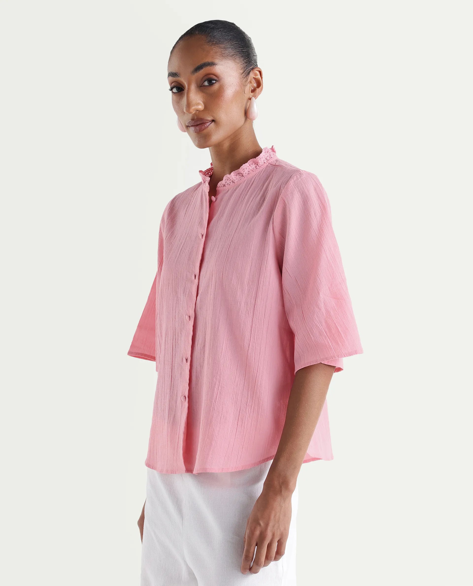 Rareism Women's Velpa Pink Cotton Ruffled Neck Relaxed Plain Top