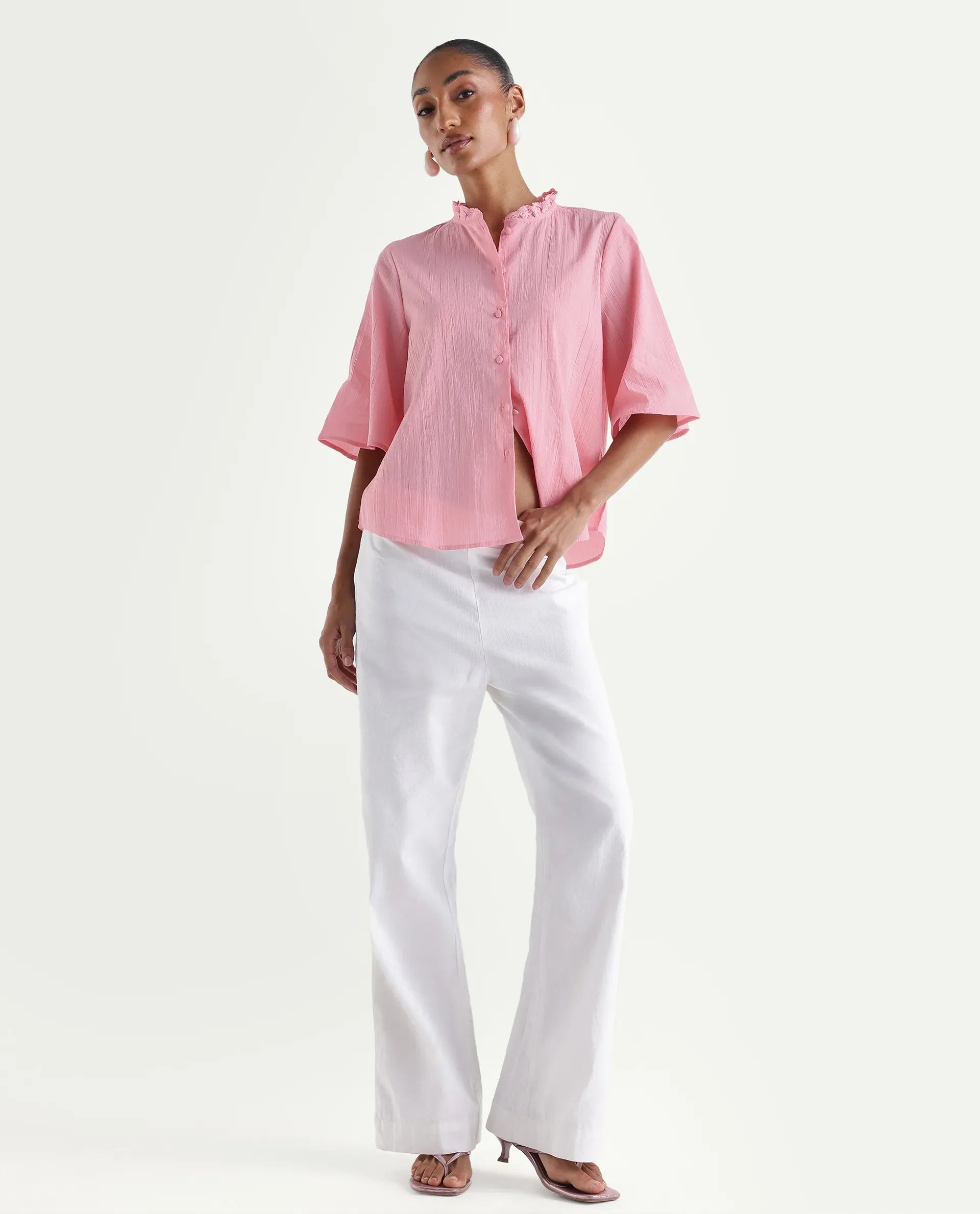 Rareism Women's Velpa Pink Cotton Ruffled Neck Relaxed Plain Top