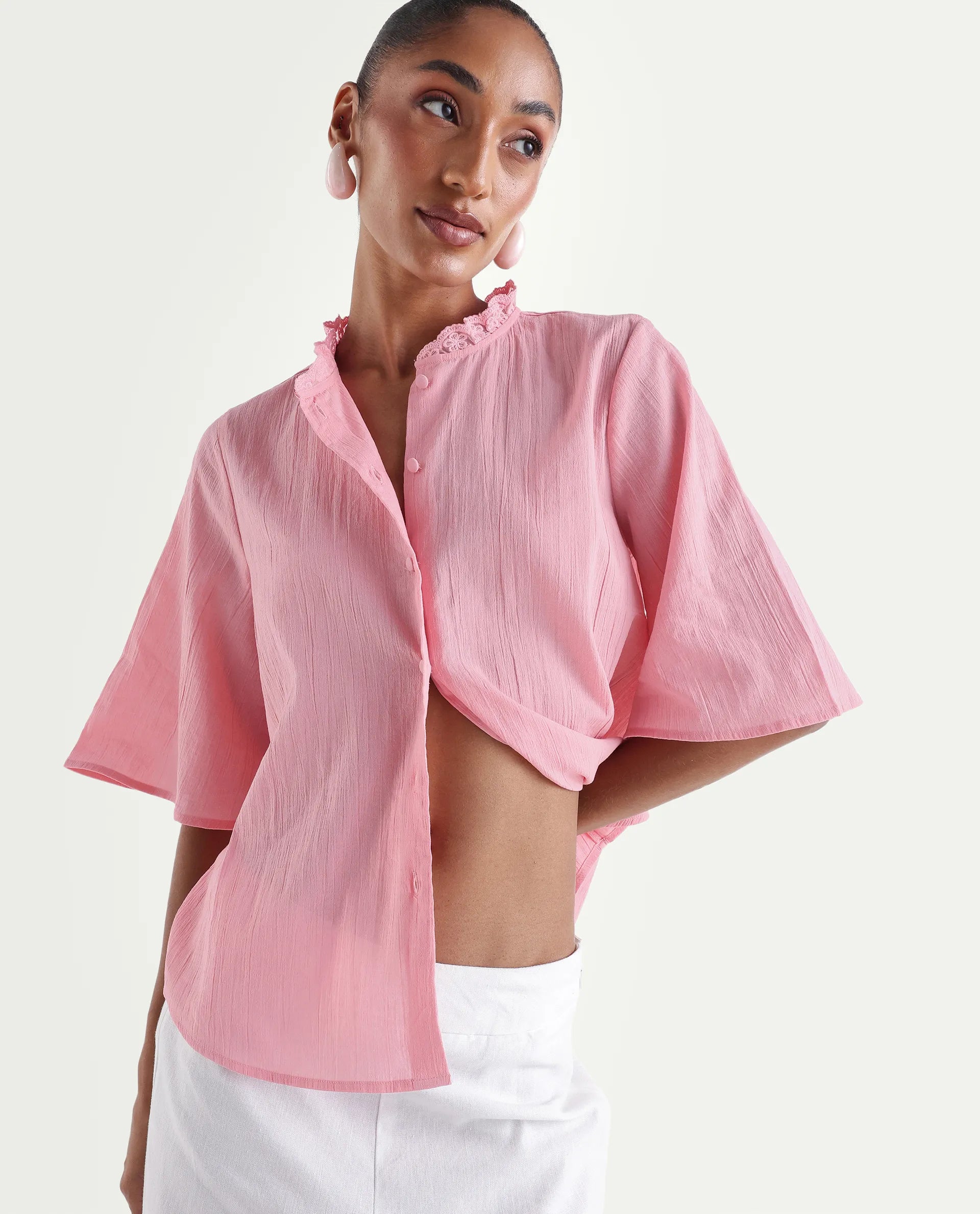Rareism Women's Velpa Pink Cotton Ruffled Neck Relaxed Plain Top