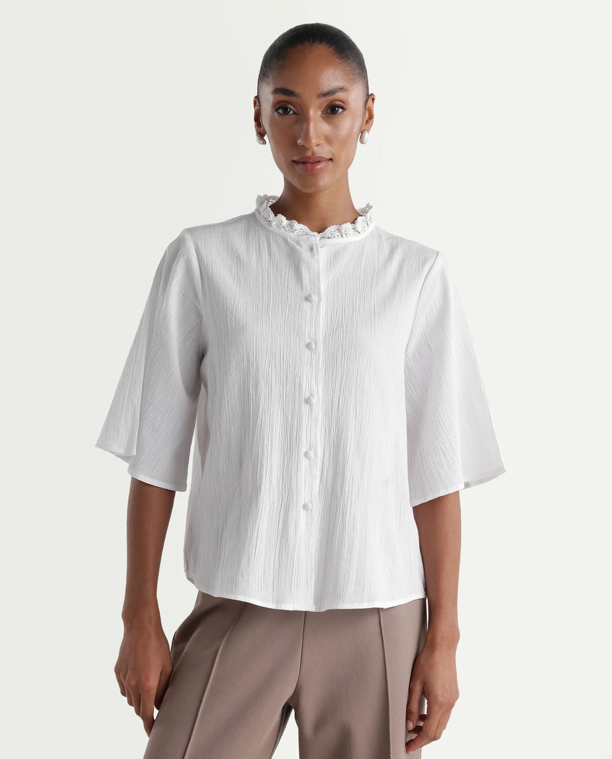 Rareism Women's Velpa White Cotton Ruffled Neck Relaxed Plain Top