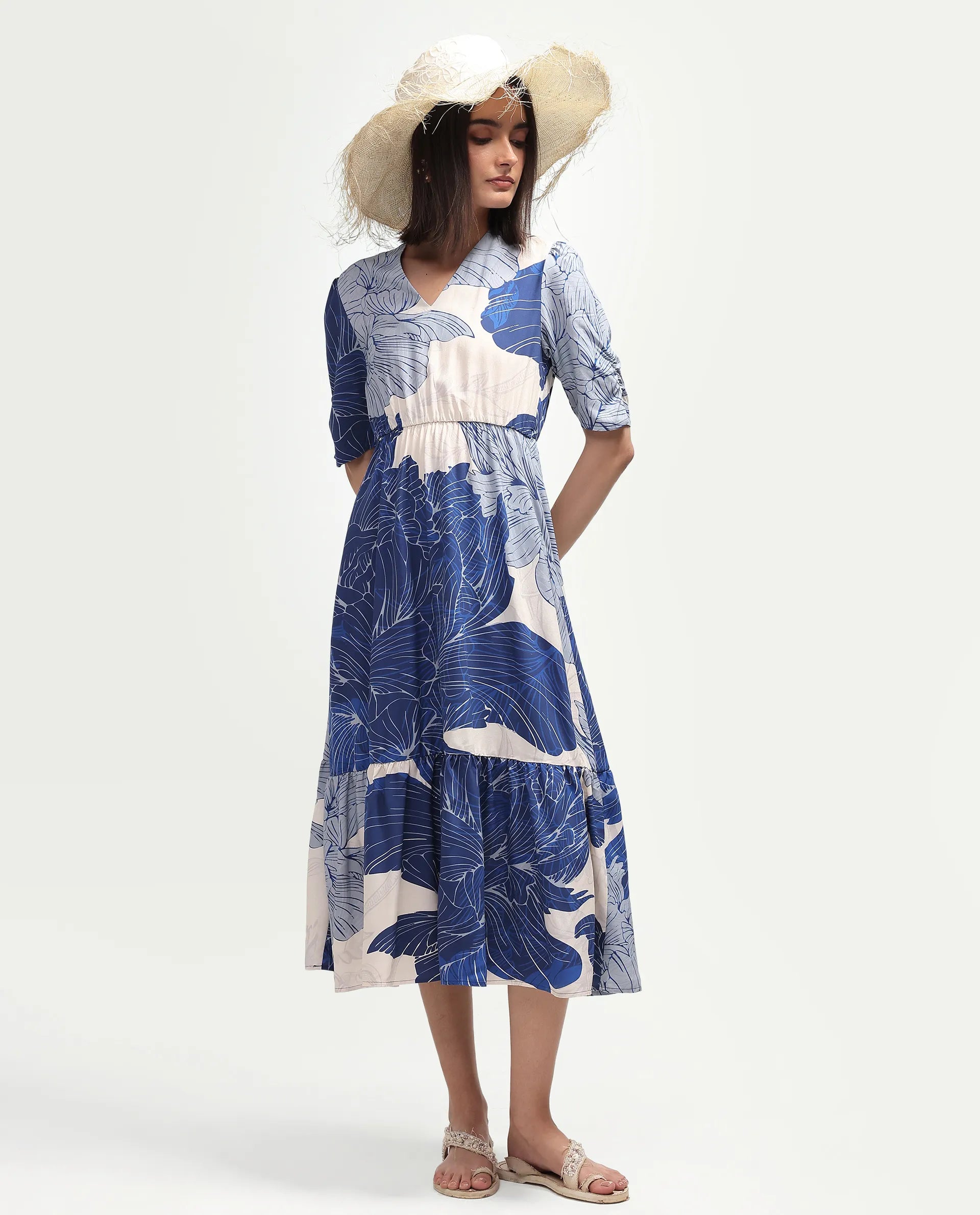 Rareism Women's Vuxon Blue Viscose V-Neck Fit And Flare Floral Print Dress