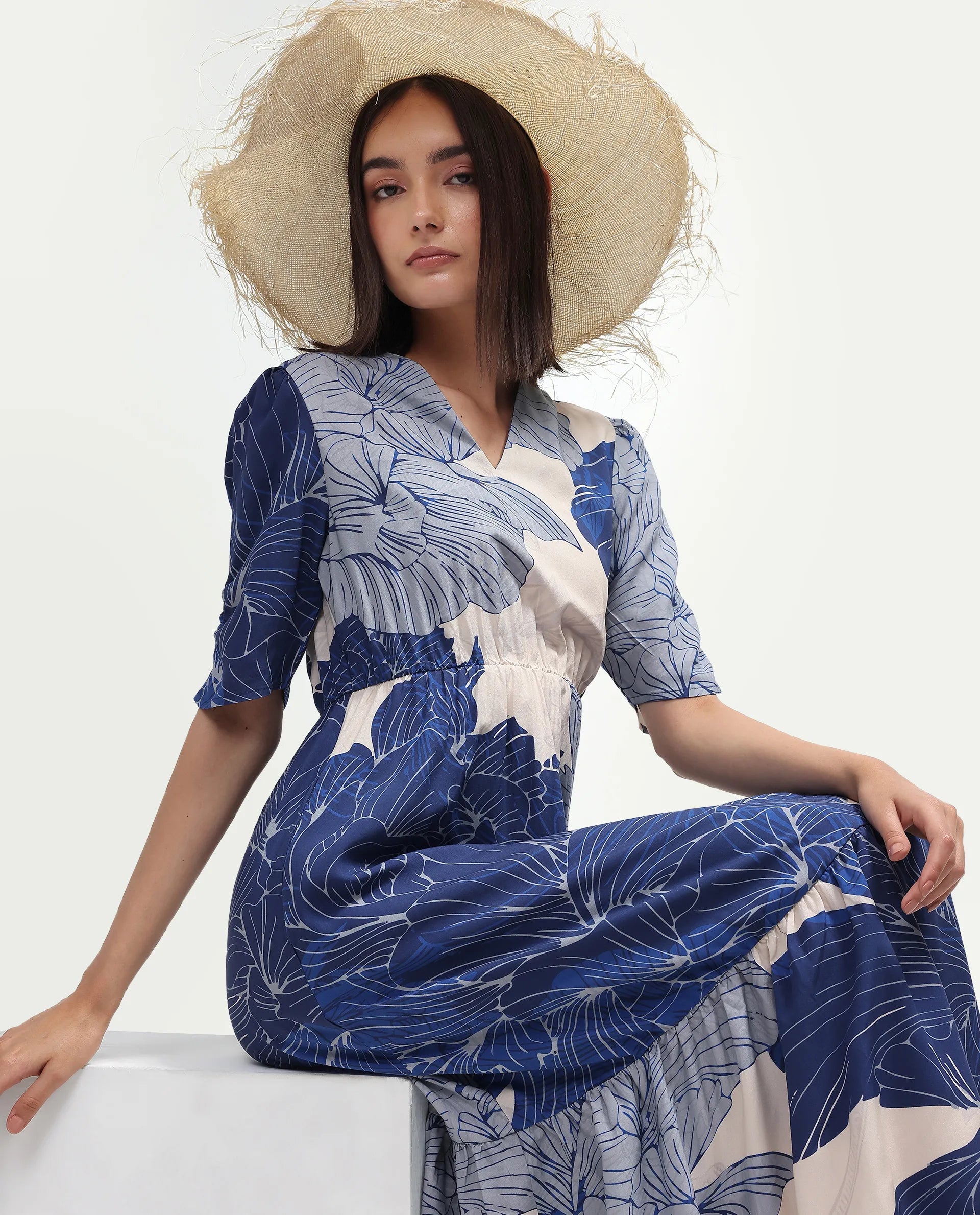 Rareism Women's Vuxon Blue Viscose V-Neck Fit And Flare Floral Print Dress