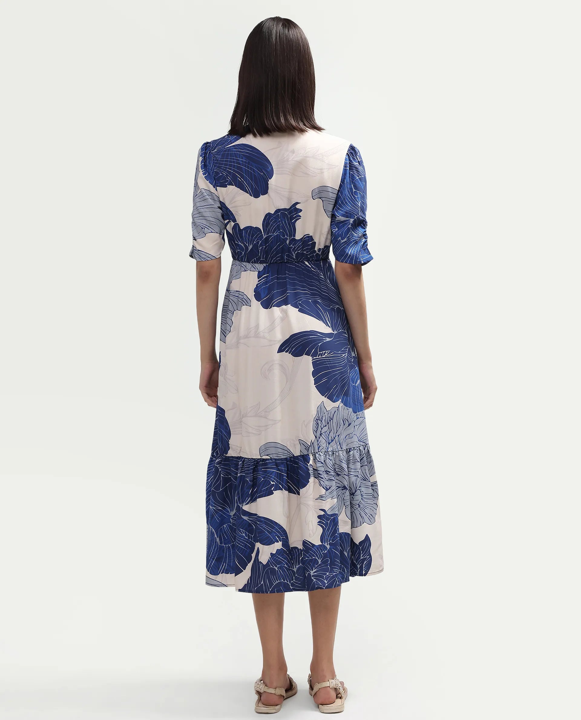 Rareism Women's Vuxon Blue Viscose V-Neck Fit And Flare Floral Print Dress