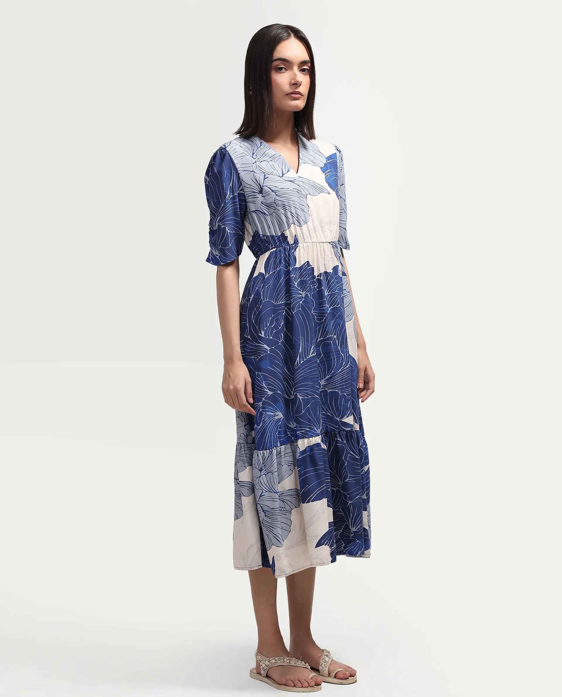 Rareism Women's Vuxon Blue Viscose V-Neck Fit And Flare Floral Print Dress