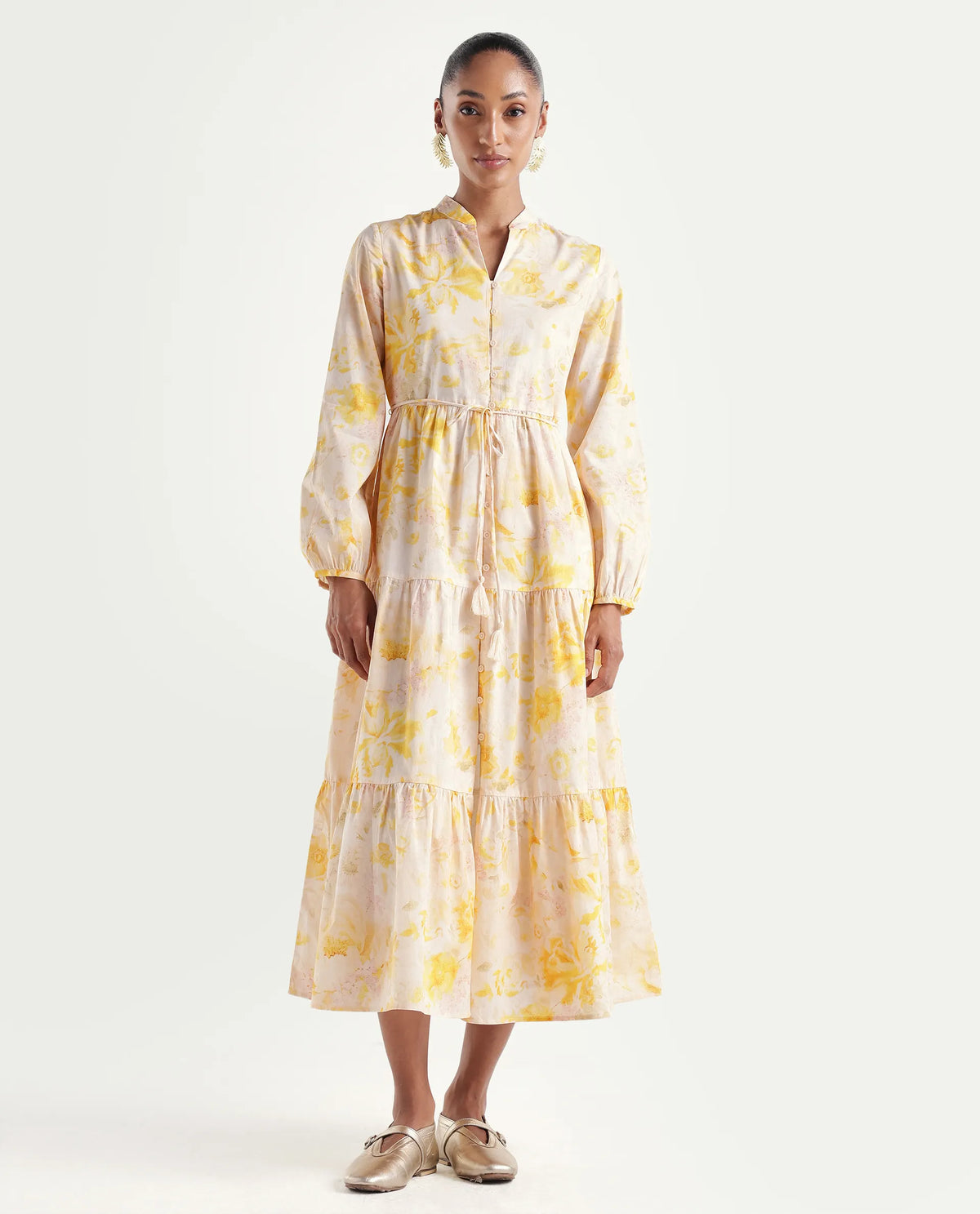 Rareism Women's Runo Yellow Cotton Band Collar Regular Floral Print Dress