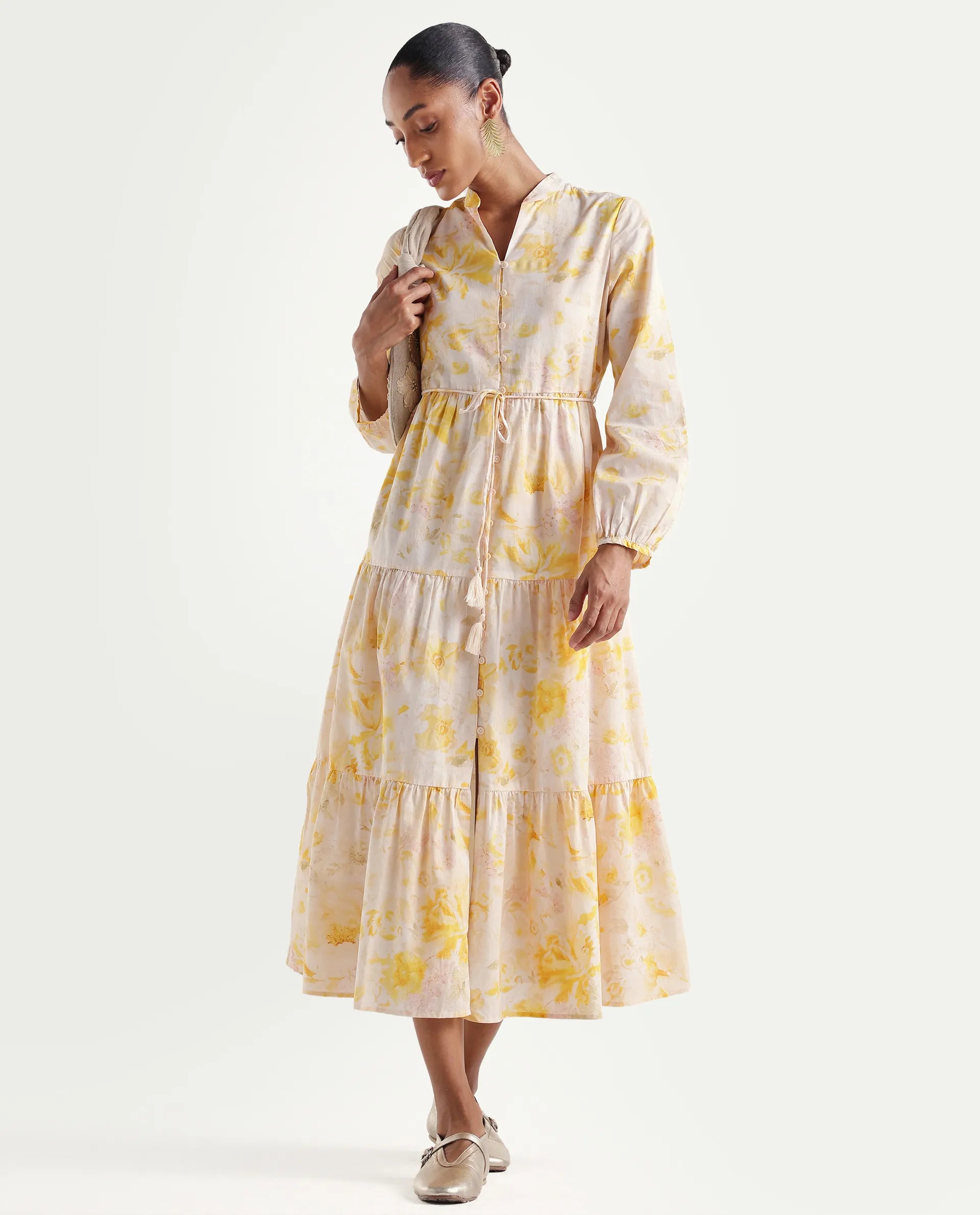 Rareism Women's Runo Yellow Cotton Band Collar Regular Floral Print Dress