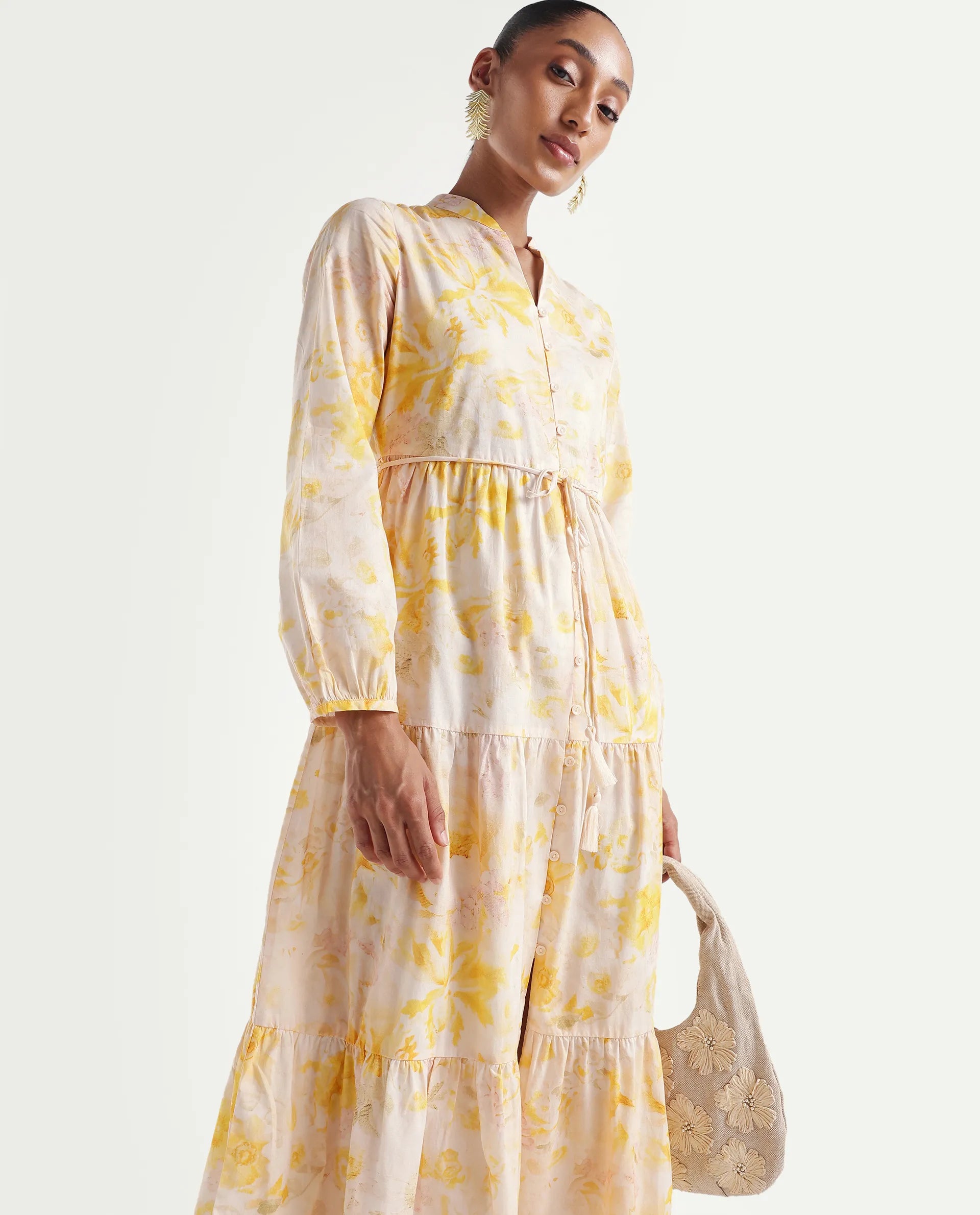 Rareism Women's Runo Yellow Cotton Band Collar Regular Floral Print Dress