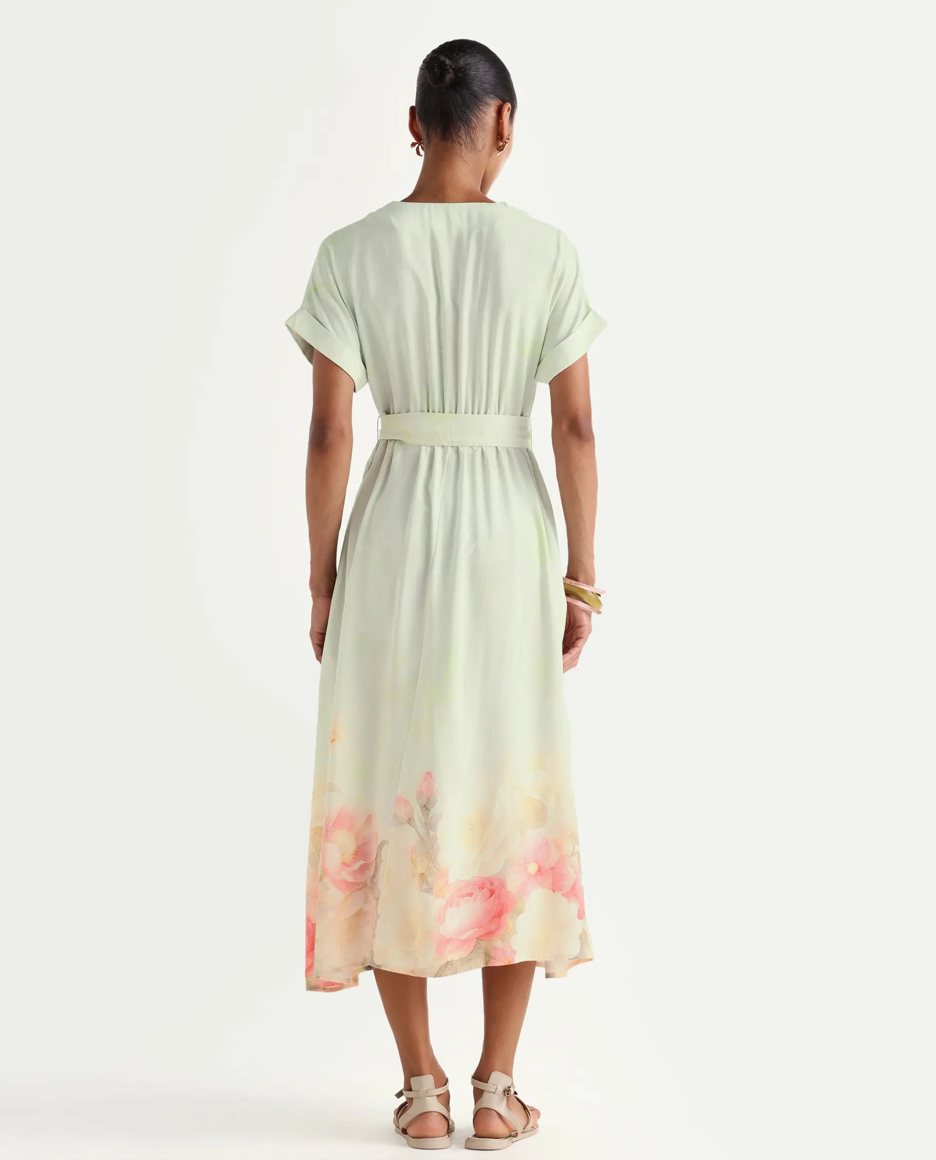 Rareism Women's Vlean Multi Viscose V-Neck Flared Floral Print Dress