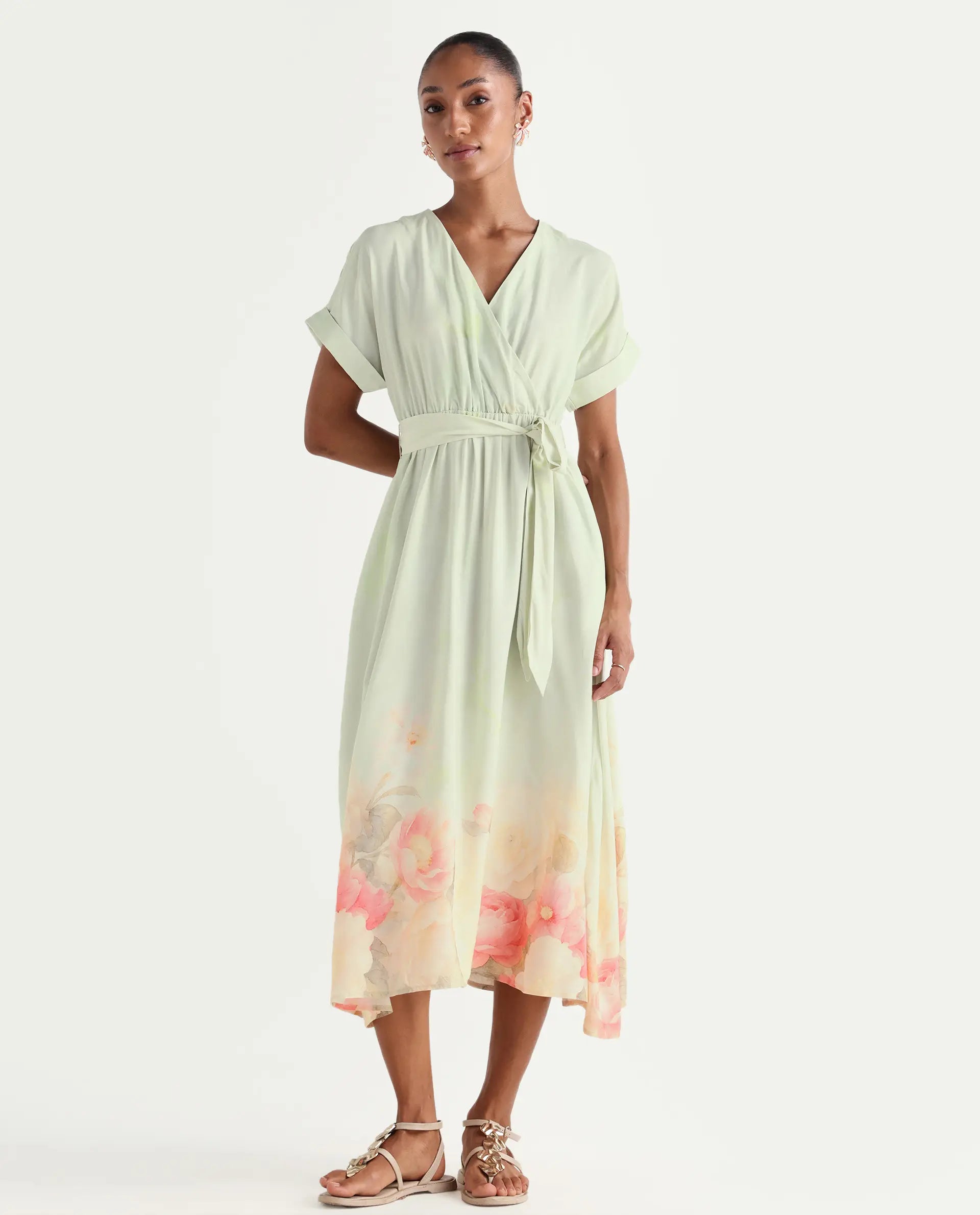 Rareism Women's Vlean Multi Viscose V-Neck Flared Floral Print Dress