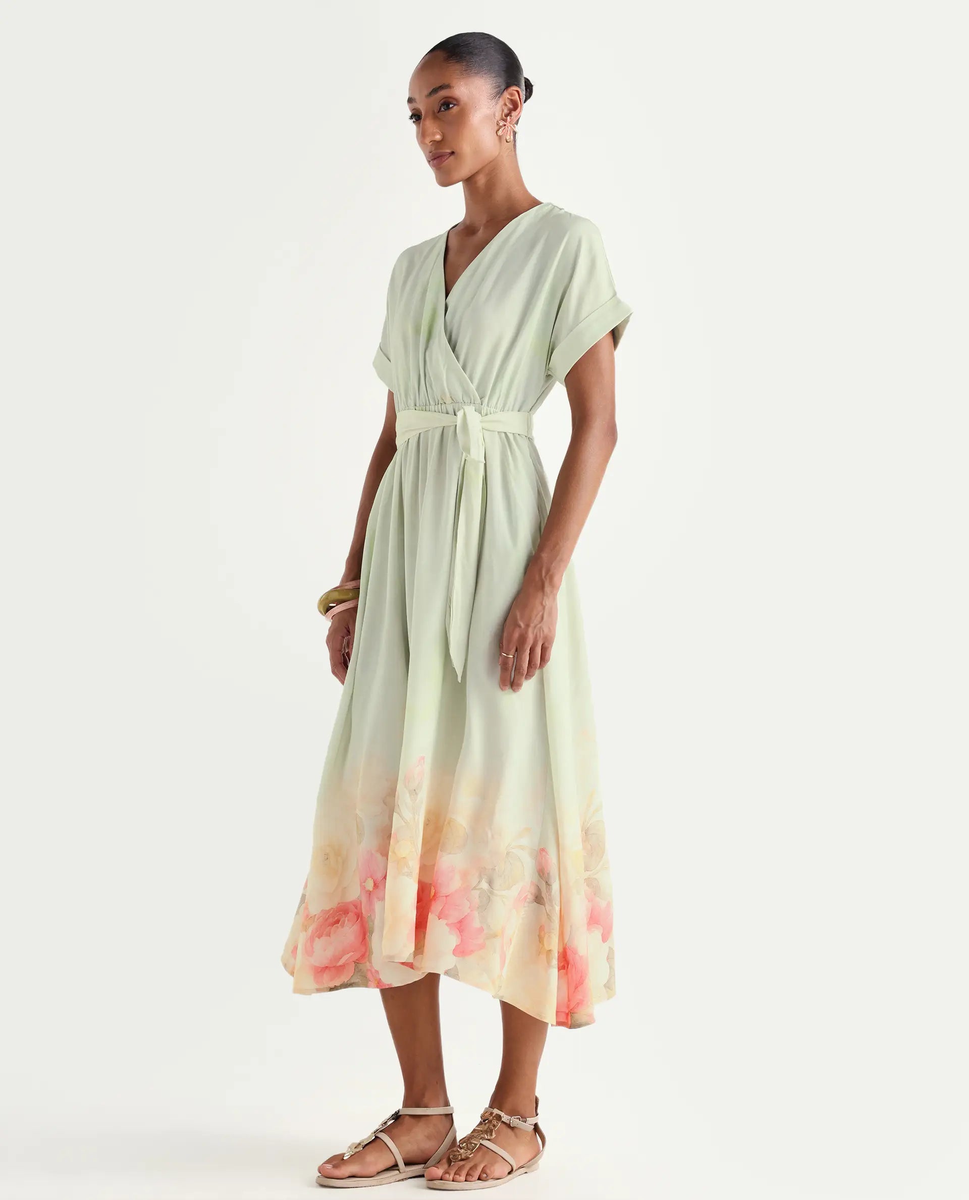 Rareism Women's Vlean Multi Viscose V-Neck Flared Floral Print Dress