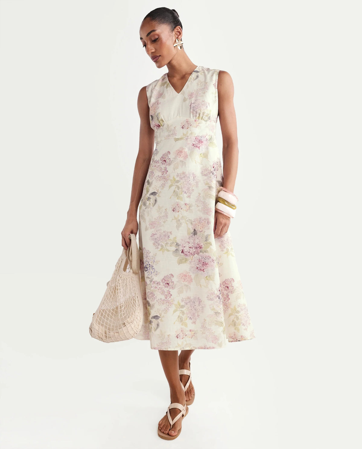 Rareism Women's Rugo Light Beige Cotton V-Neck A-Line Floral Print Dress