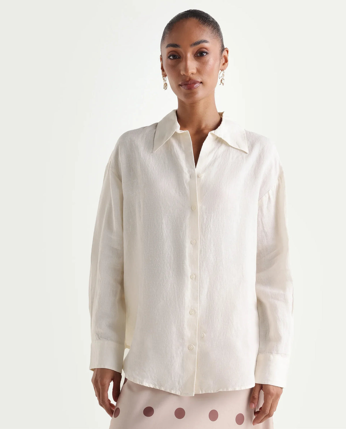 Rareism Women's Uganda White Linen Spread Collar Regular Plain Shirt