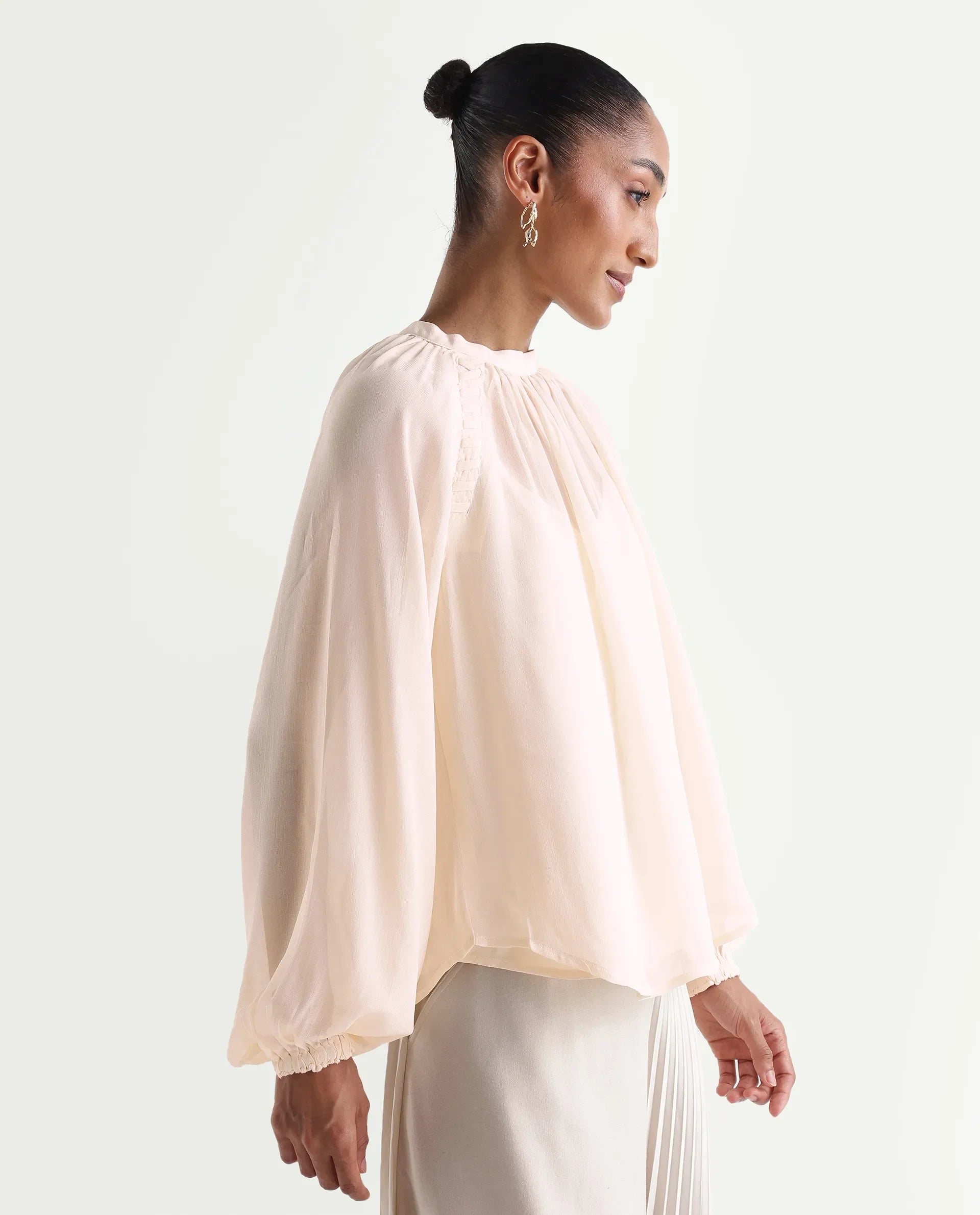 Rareism Women's Holto Beige Viscose Blend High Neck Relaxed Plain Top
