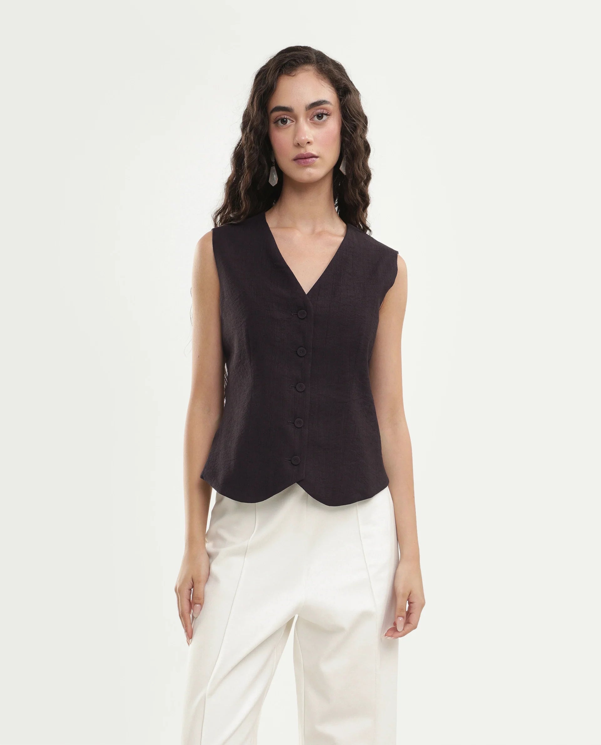 Rareism Women's Diva Brown Viscose Blend V-Neck Button Regular Plain Waist Coat