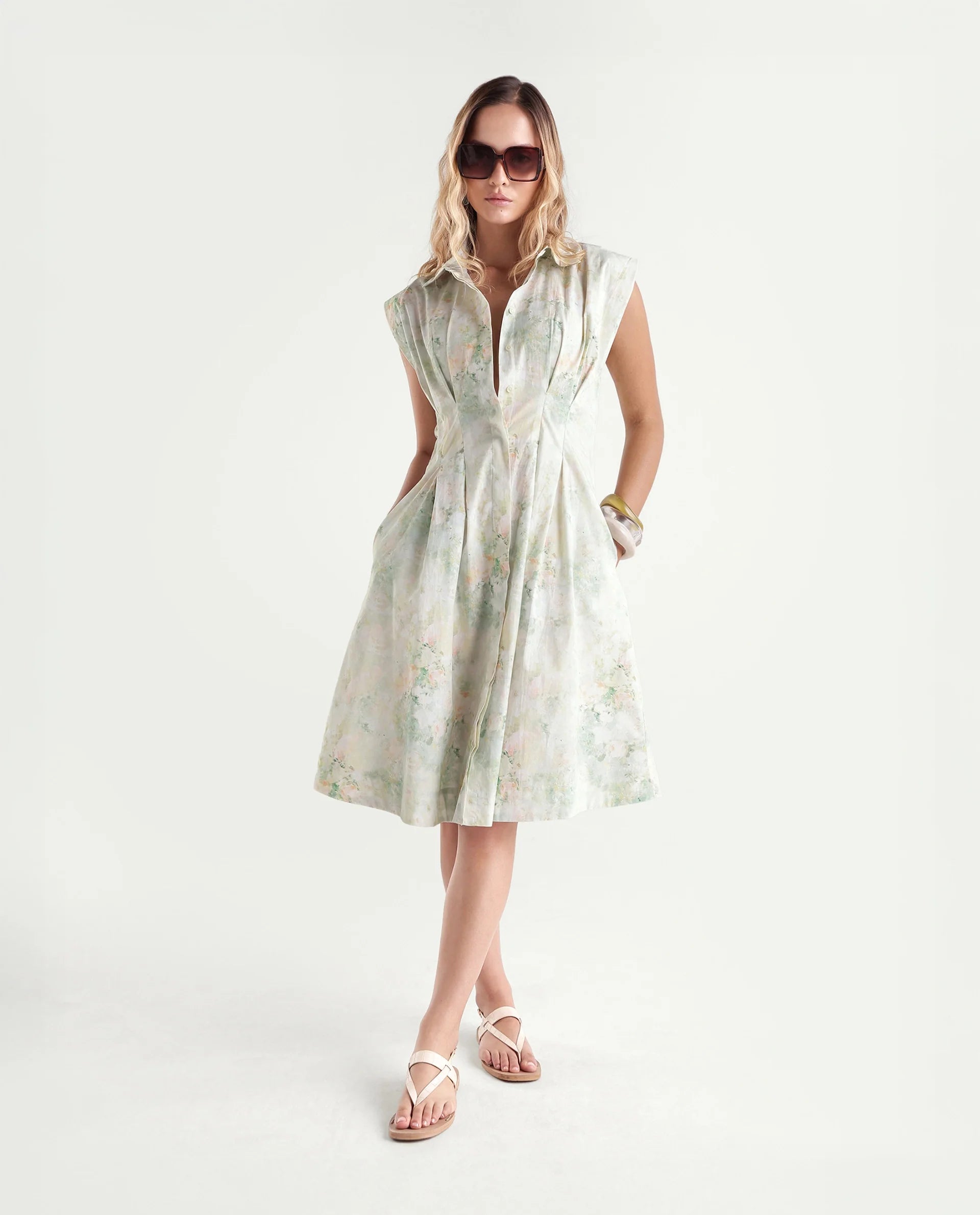 Rareism Women's Hiano Light Green Cotton Fabric Spread Collar Fit And Flare All Over Print Dress