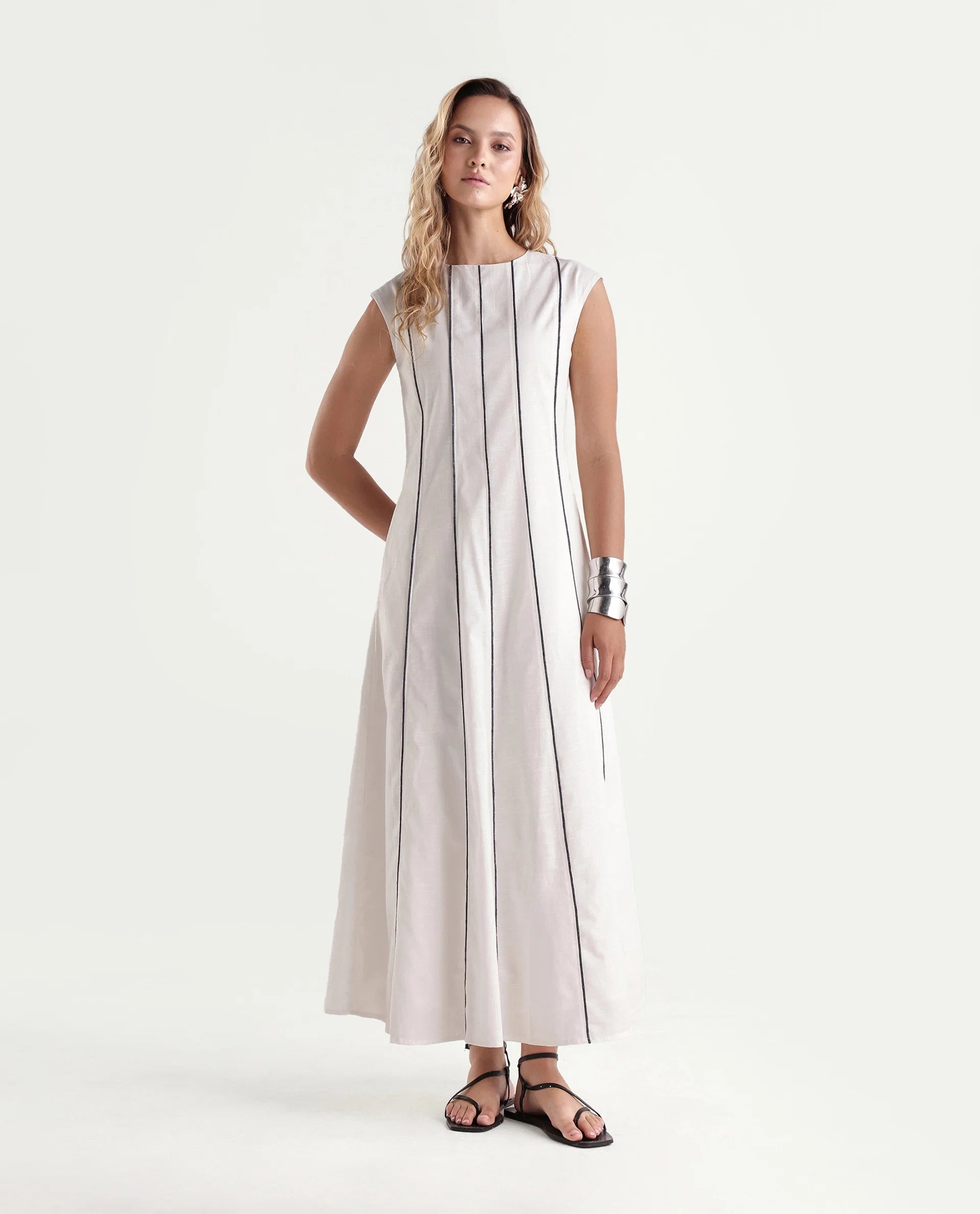 Rareism Women's Kelia Beige Cotton Fabric Crew Neck Fit And Flare Striped Dress