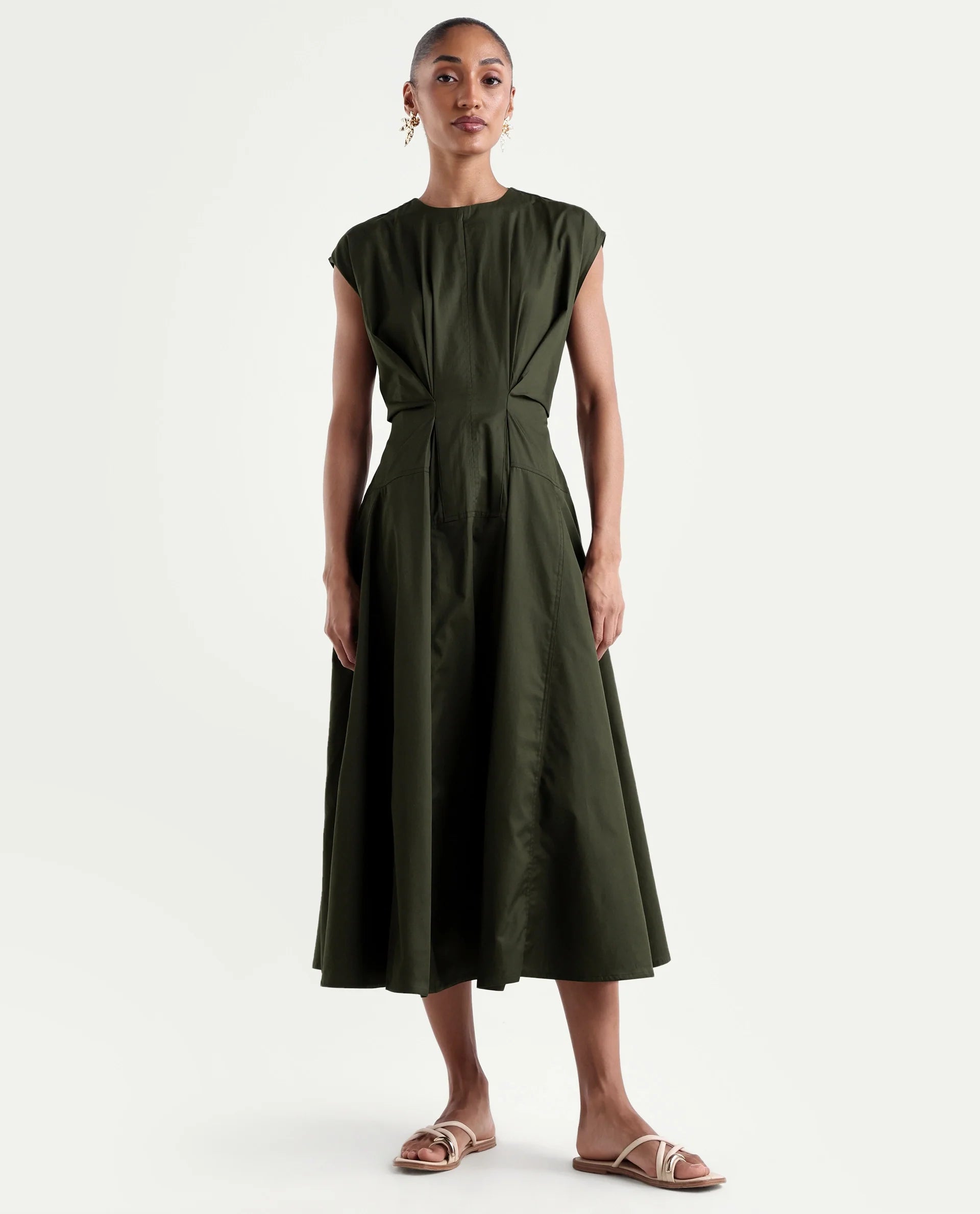 Rareism Women's Onky Olive Cotton Crew Neck Button Relaxed Plain Dress