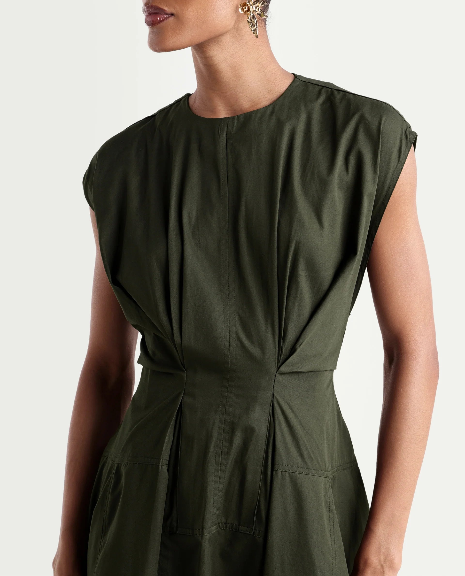 Rareism Women's Onky Olive Cotton Crew Neck Button Relaxed Plain Dress