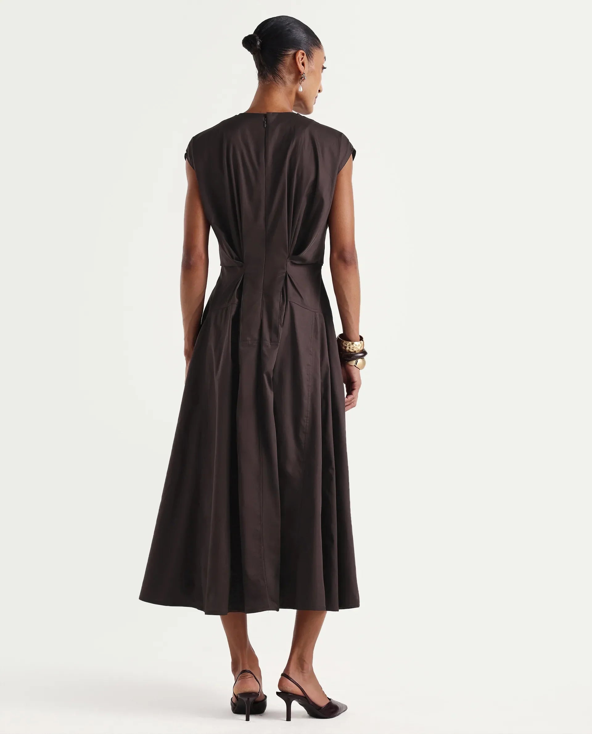 Rareism Women's Onky Brown Cotton Crew Neck Button Relaxed Plain Dress