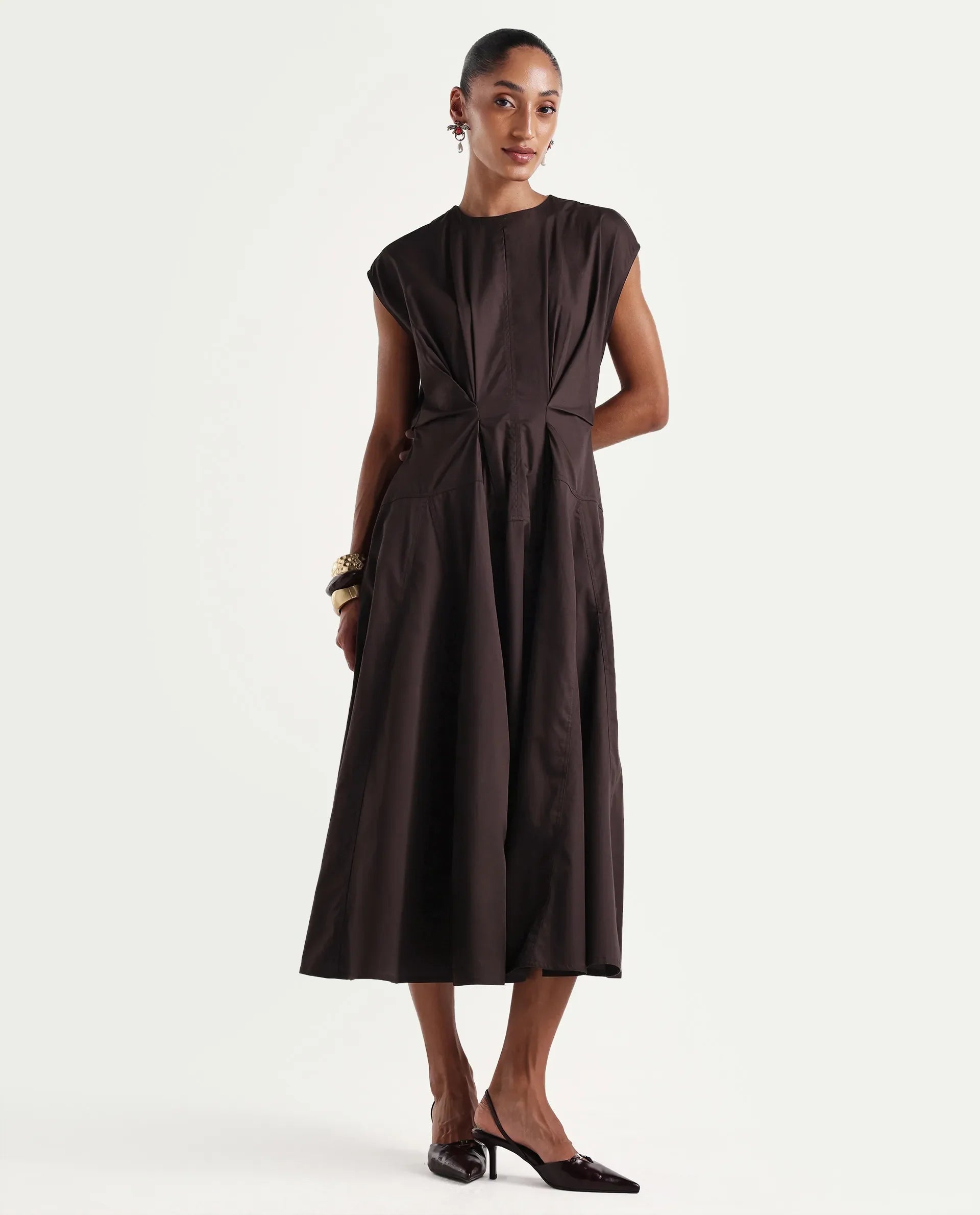 Rareism Women's Onky Brown Cotton Crew Neck Button Relaxed Plain Dress