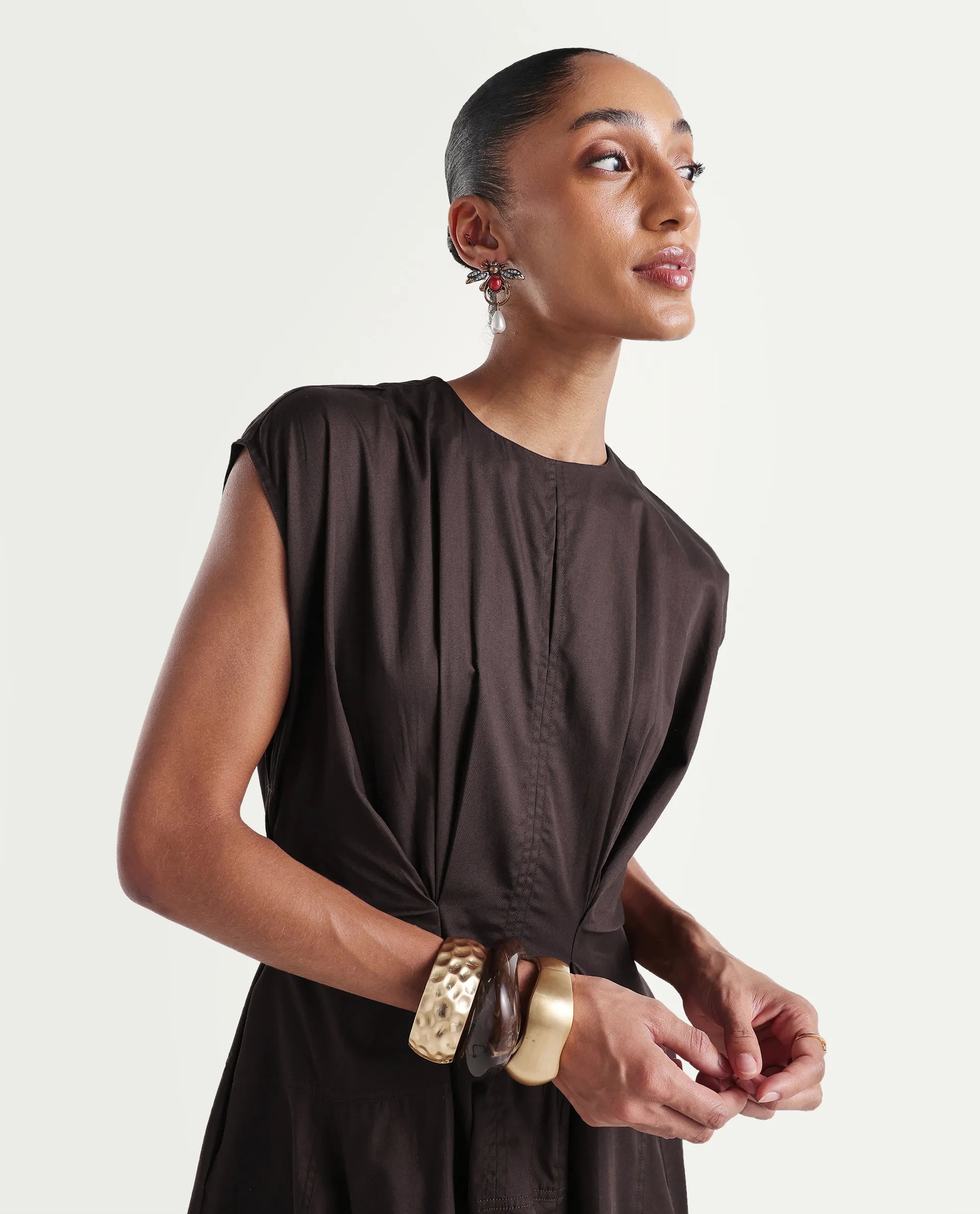 Rareism Women's Onky Brown Cotton Crew Neck Button Relaxed Plain Dress