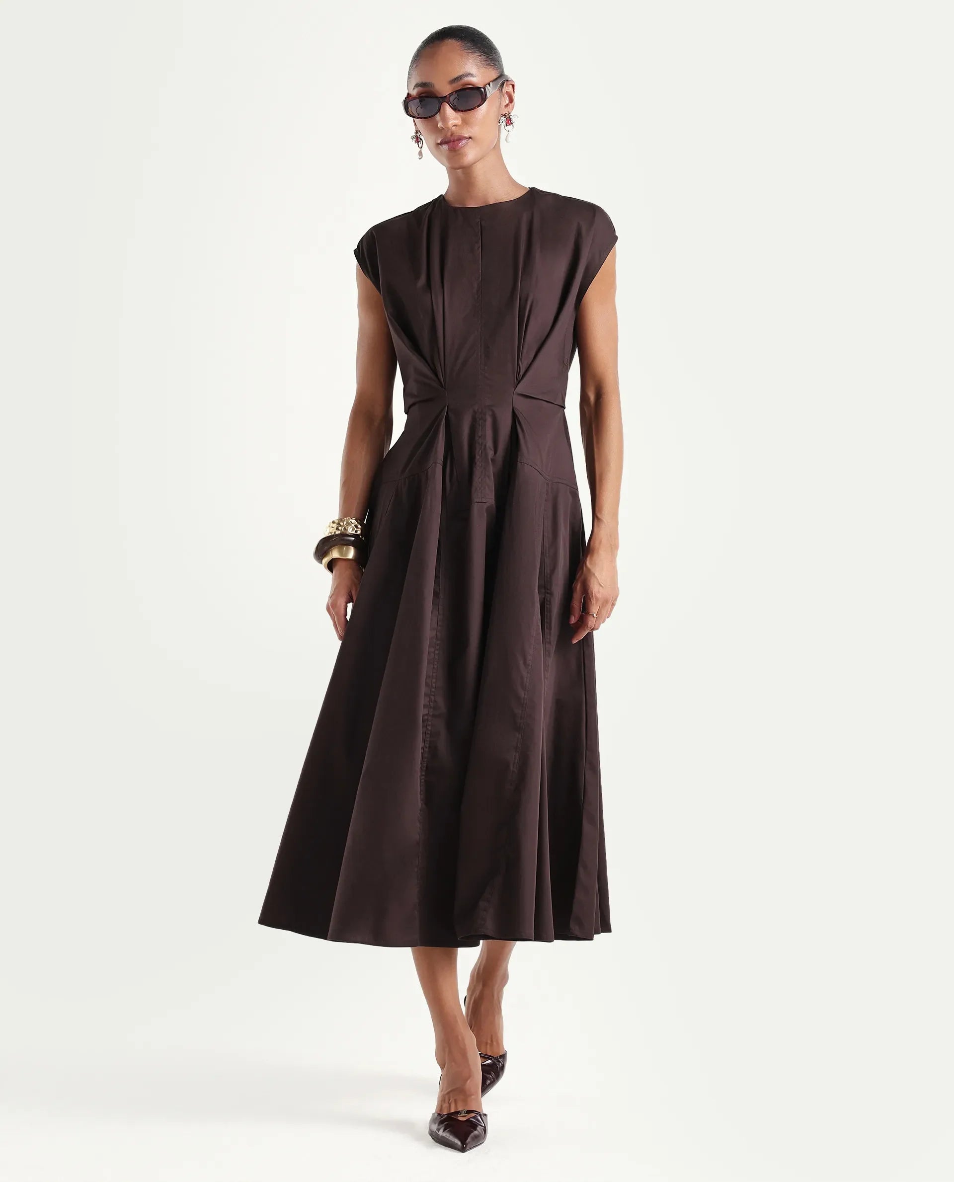 Rareism Women's Onky Brown Cotton Crew Neck Button Relaxed Plain Dress