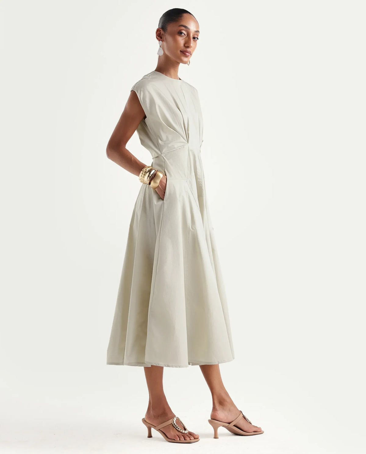 Rareism Women's Onky Beige Cotton Crew Neck Button Relaxed Plain Dress