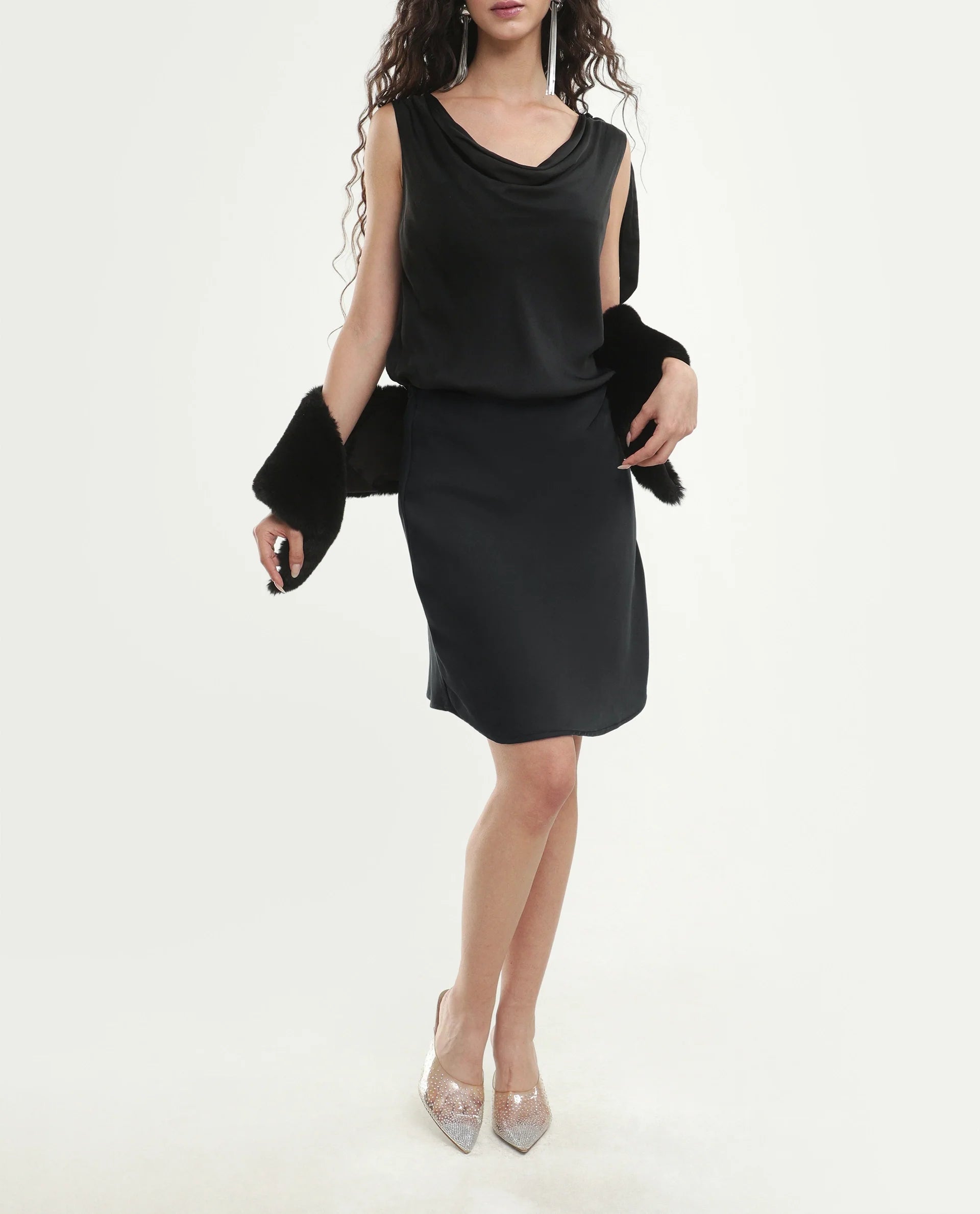 Rareism Women's Petir Black Polyester Elastic Bodycon Plain Skirt