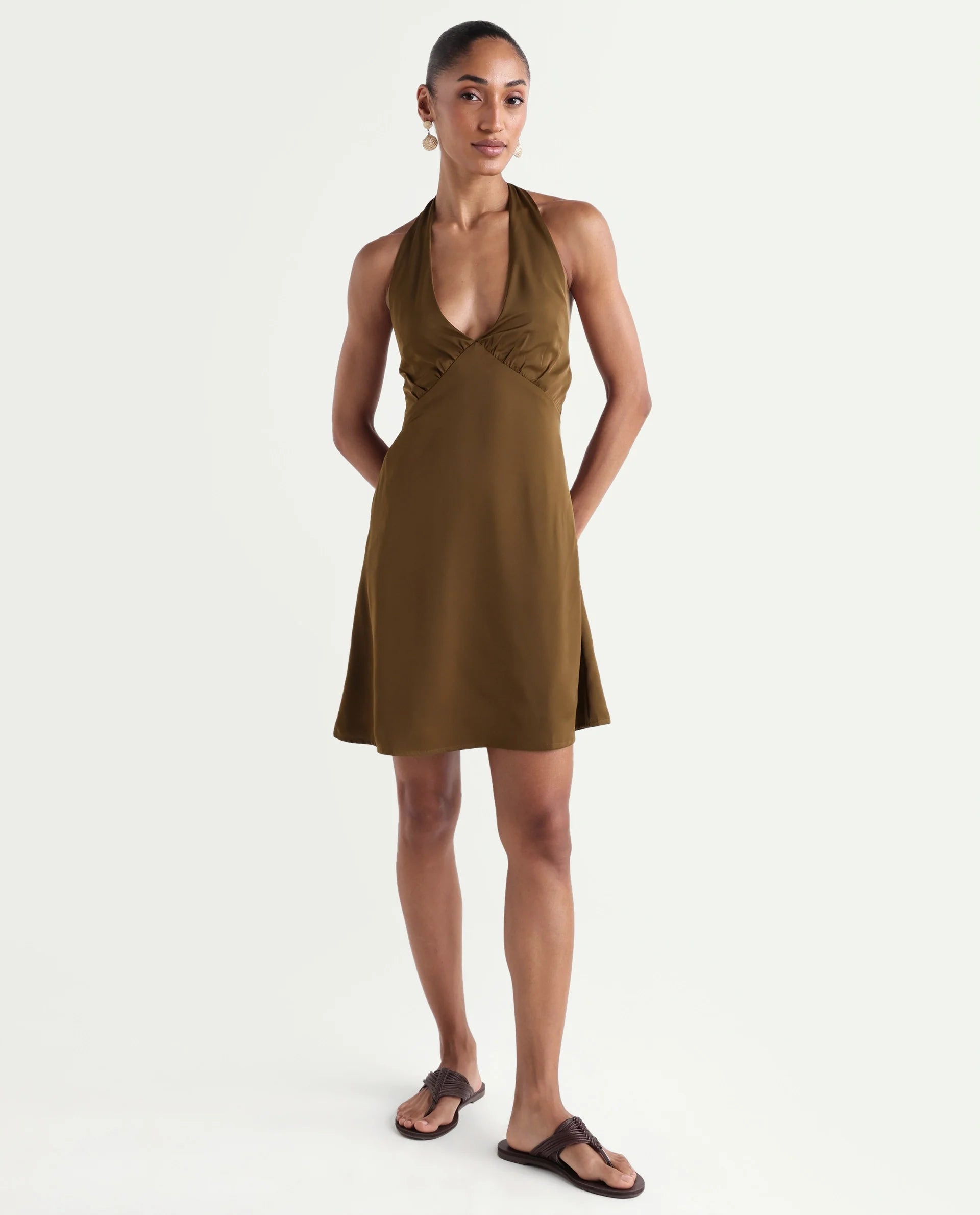 Rareism Women's Petun Dark Gold Polyester Halter Neck Elastic Fitted Plain Dress