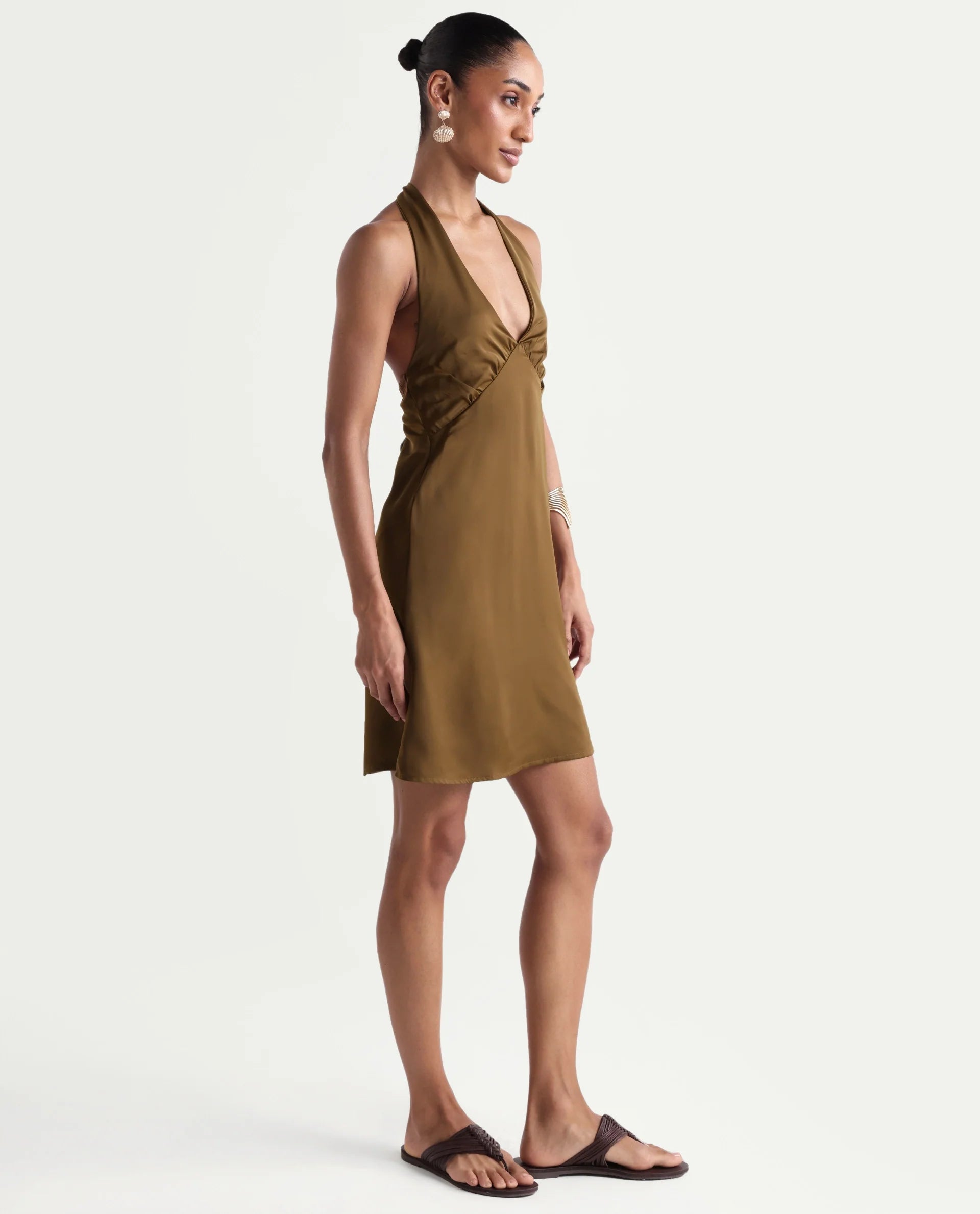 Rareism Women's Petun Dark Gold Polyester Halter Neck Elastic Fitted Plain Dress