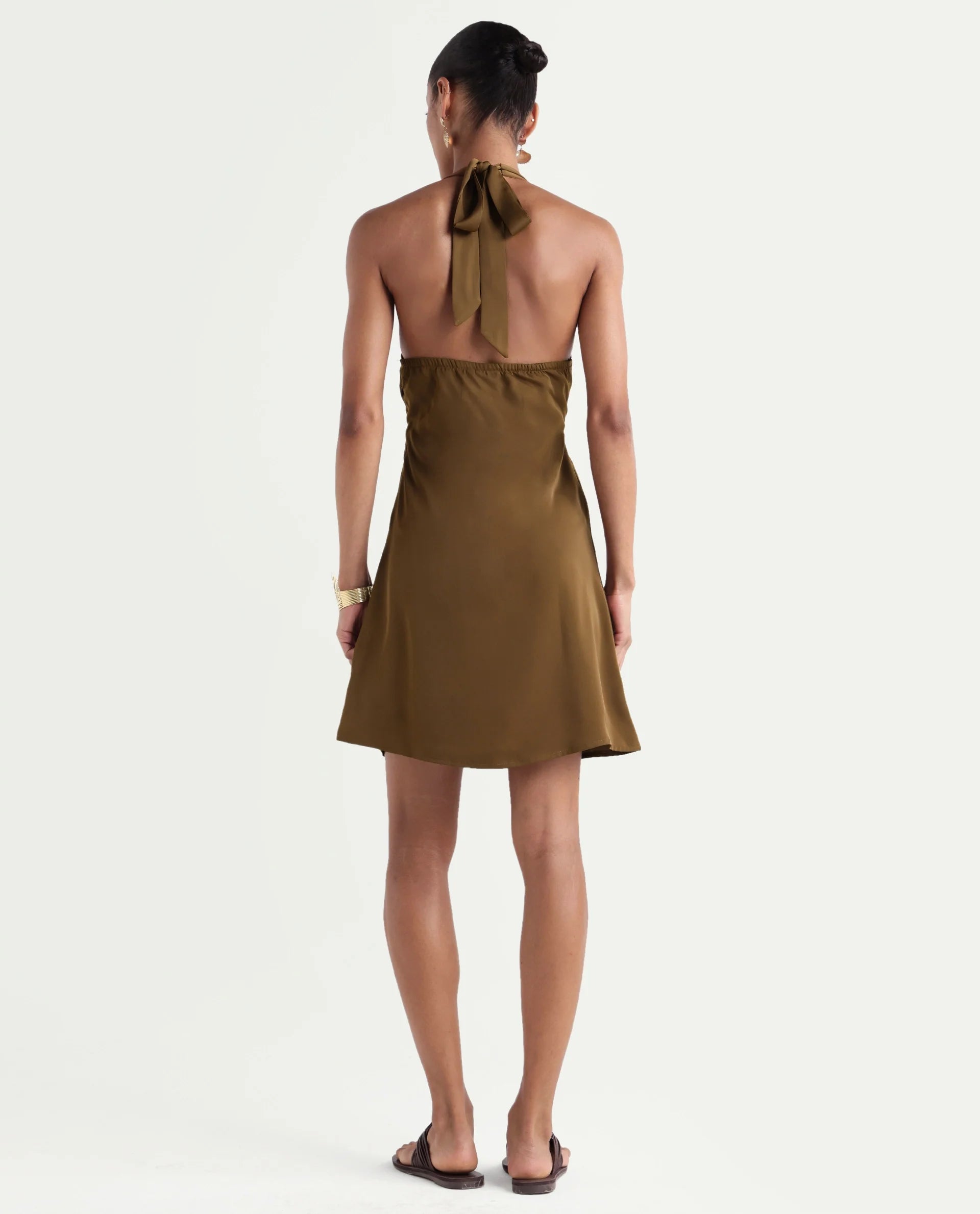 Rareism Women's Petun Dark Gold Polyester Halter Neck Elastic Fitted Plain Dress