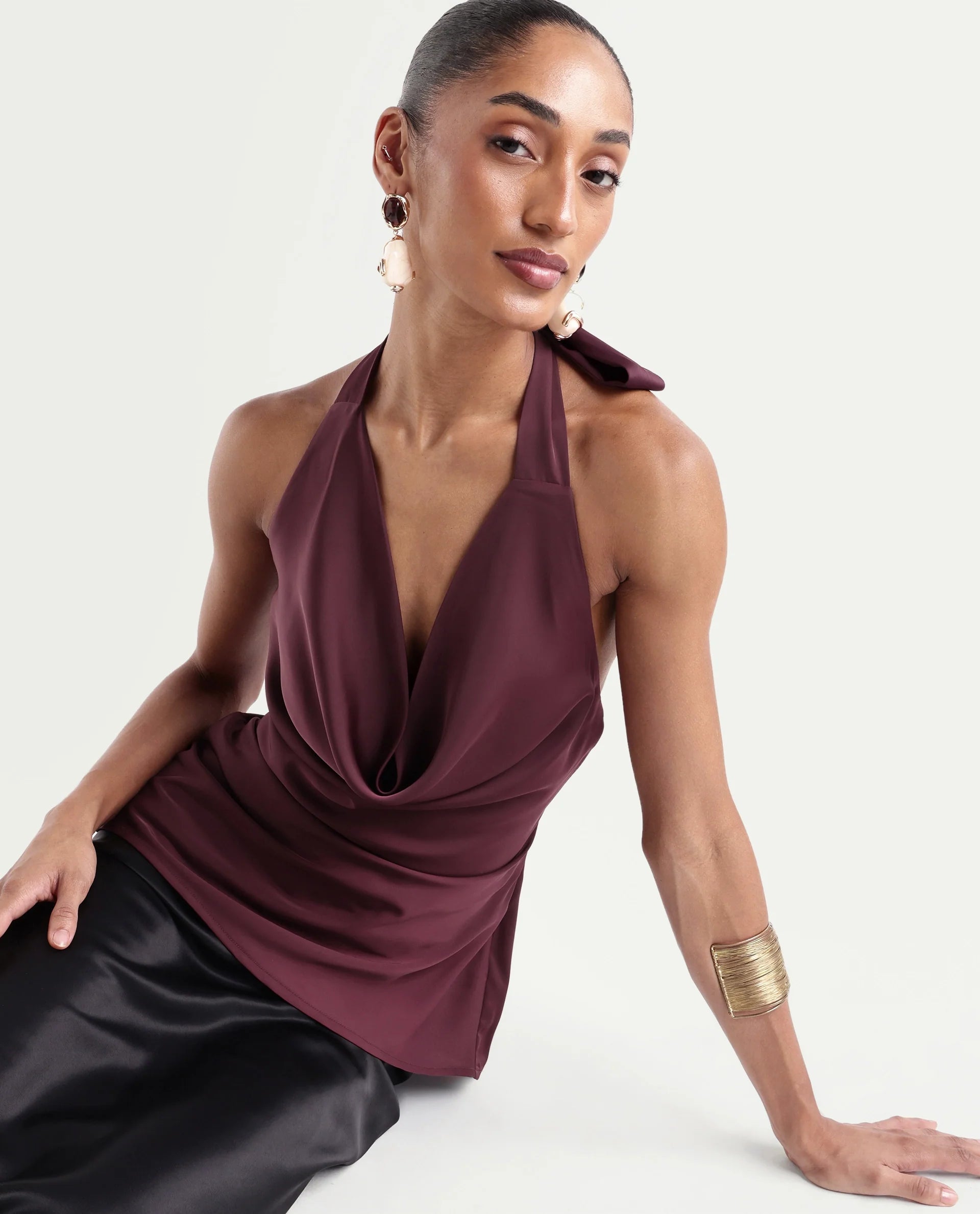 Rareism Women's Petzy Dark Maroon Polyester Cowl Neck Tie-Up Regular Plain Top