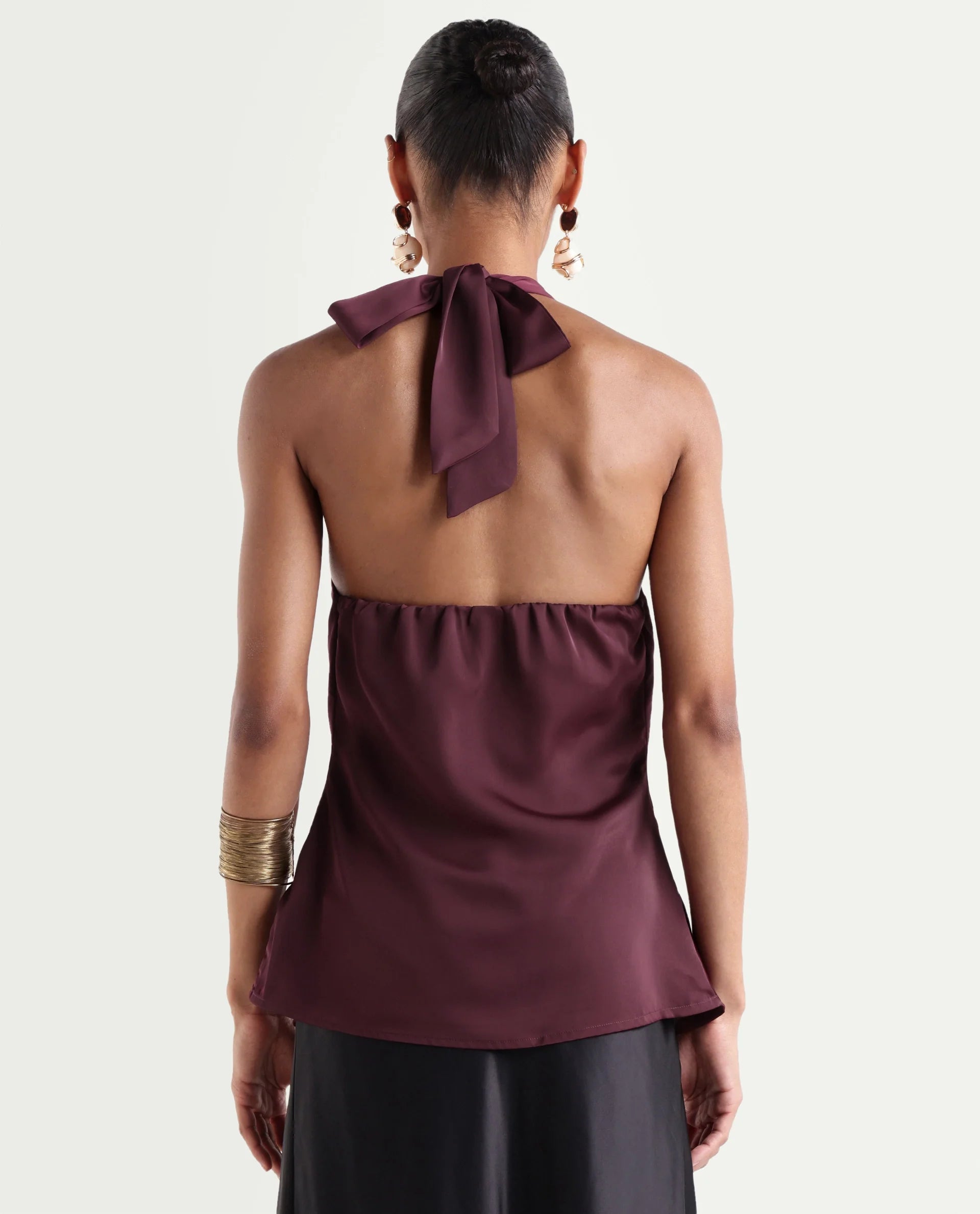 Rareism Women's Petzy Dark Maroon Polyester Cowl Neck Tie-Up Regular Plain Top