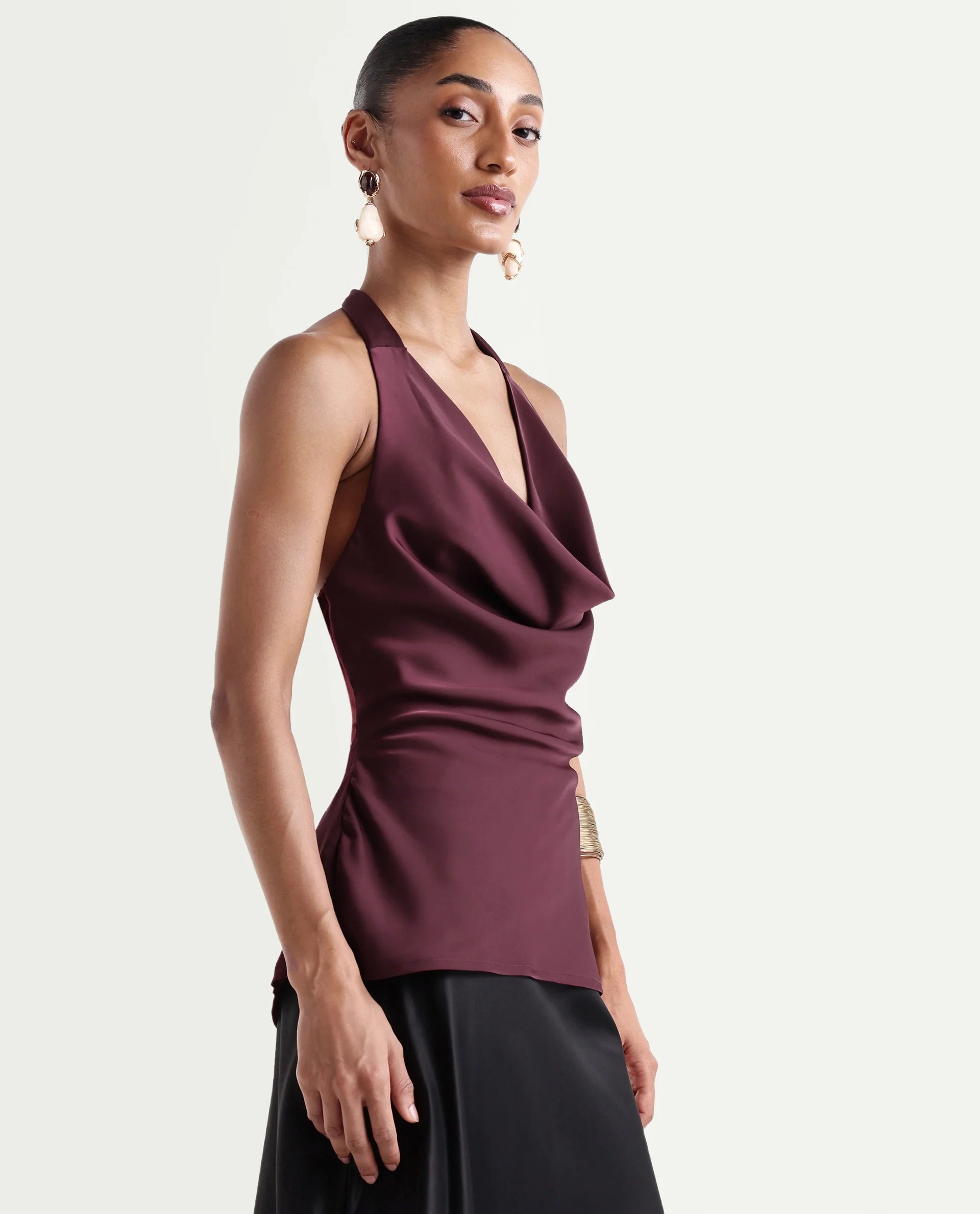 Rareism Women's Petzy Dark Maroon Polyester Cowl Neck Tie-Up Regular Plain Top